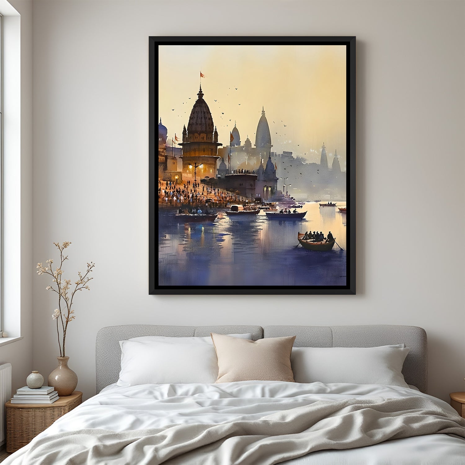 Varanasi riverfront artwork in elegant black floater frame showcasing historic ghats and spiritual architecture