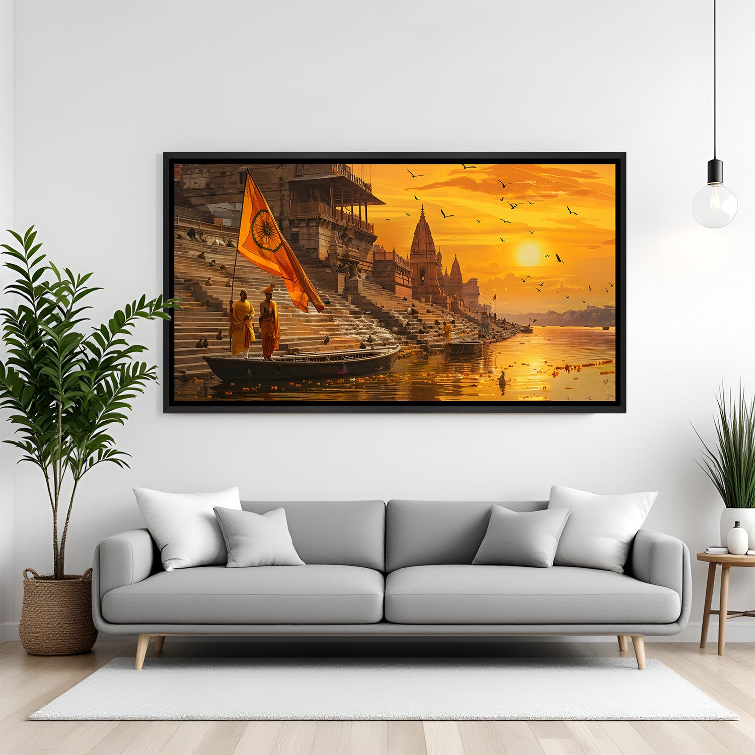 Varanasi ghat sunset black frame landscape wall decor
