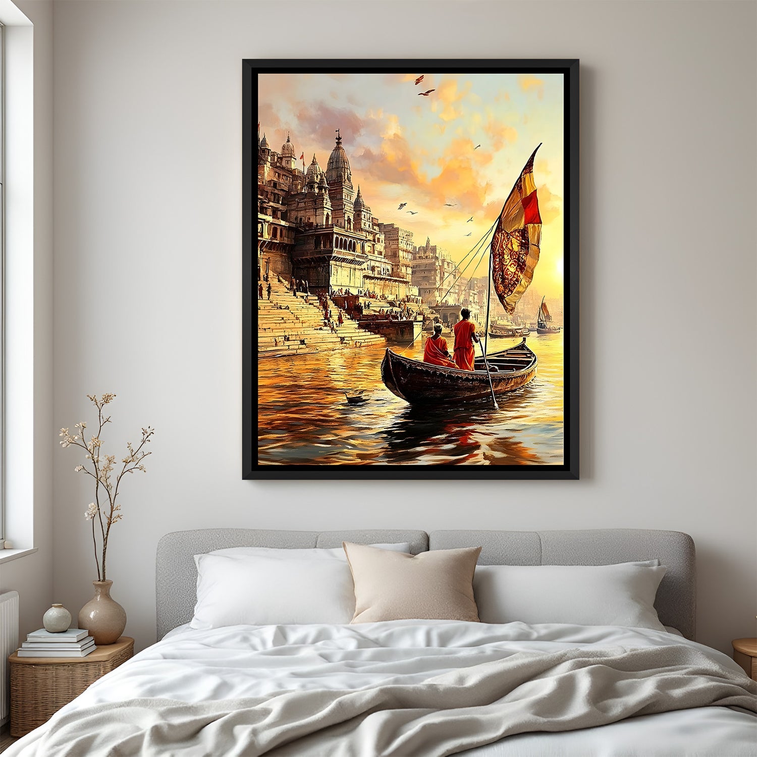 Varanasi ghat sunset boat black frame wall decor vertical canvas