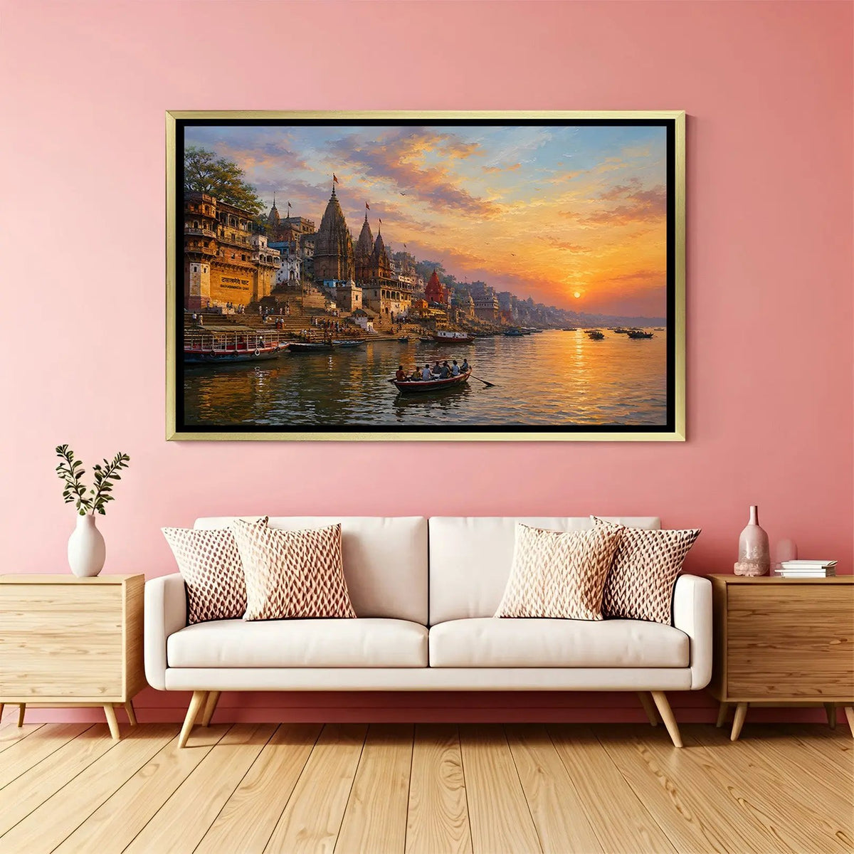 Varanasi Sunset Glow wall decor print in luxury golden floater frame showcasing a vibrant sunset over the Ganges River