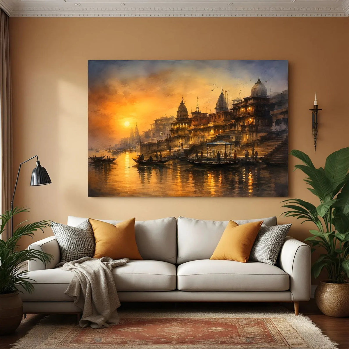 Varanasi Timeless Spiritual Corridor canvas wall art in premium canvas wrapped frame featuring historic ghats along the Ganges