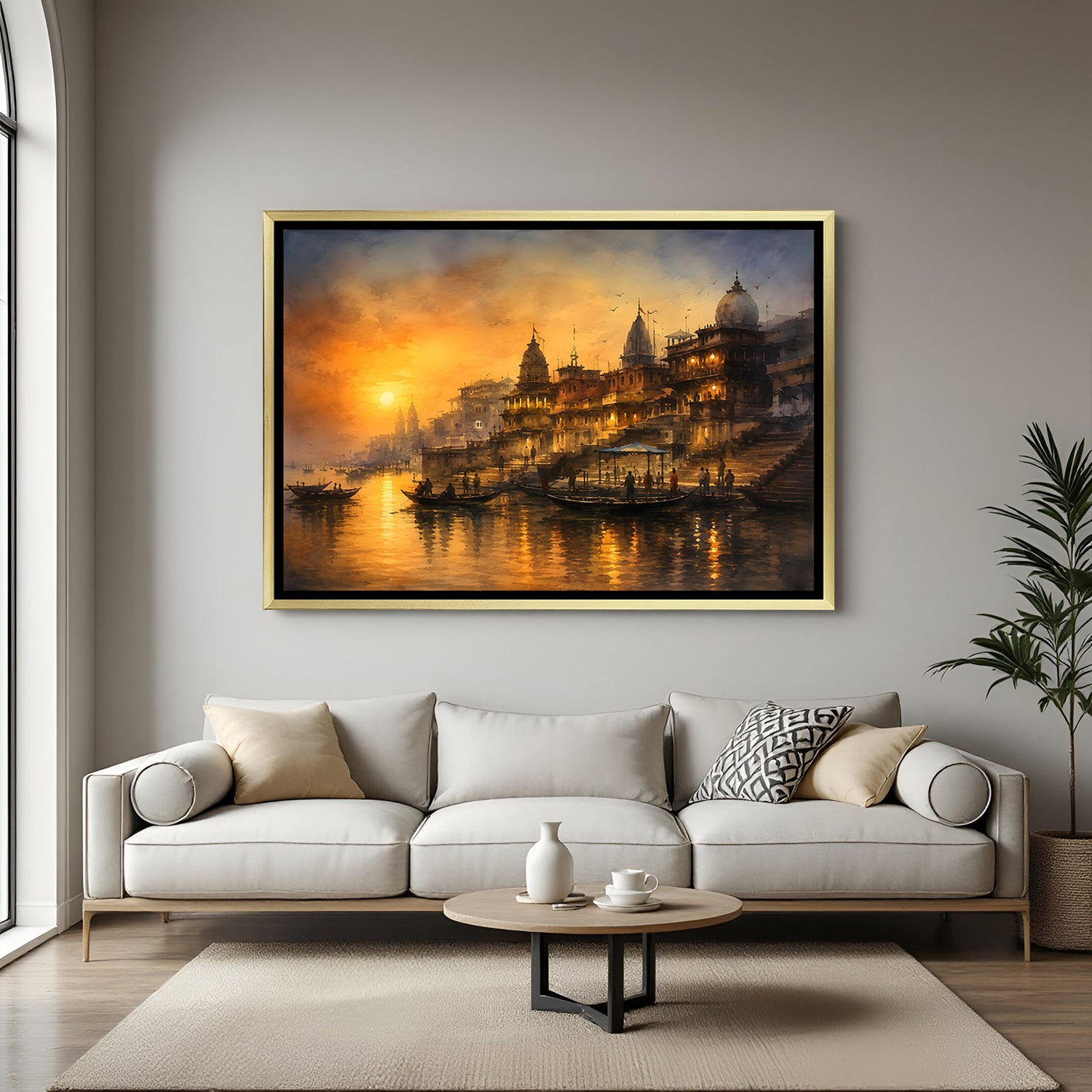 Varanasi Timeless Spiritual Corridor artwork in luxury golden floater frame with detailed cultural riverfront scenery