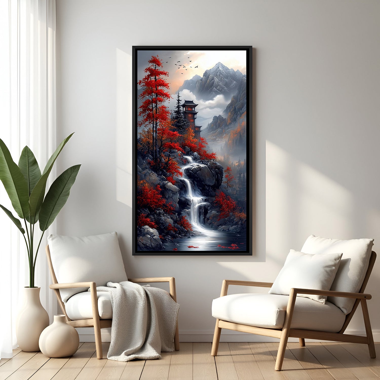 Japanese waterfall wall art in sleek black floater frame, high-definition canvas print ideal for modern interiors, living rooms, offices and Vastu-aligned decor.