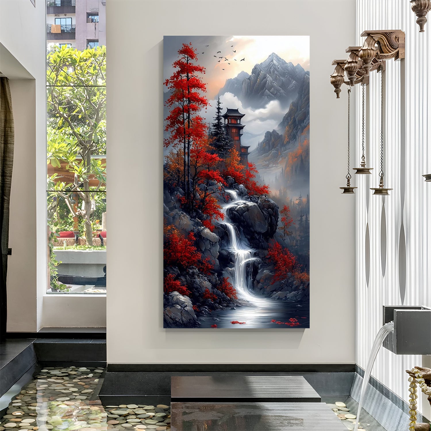 Vastu Japanese Waterfall canvas wrapped wall art featuring a tranquil cascade, lush mossy rocks and soft light — premium nature painting for peaceful living room and meditation corner.