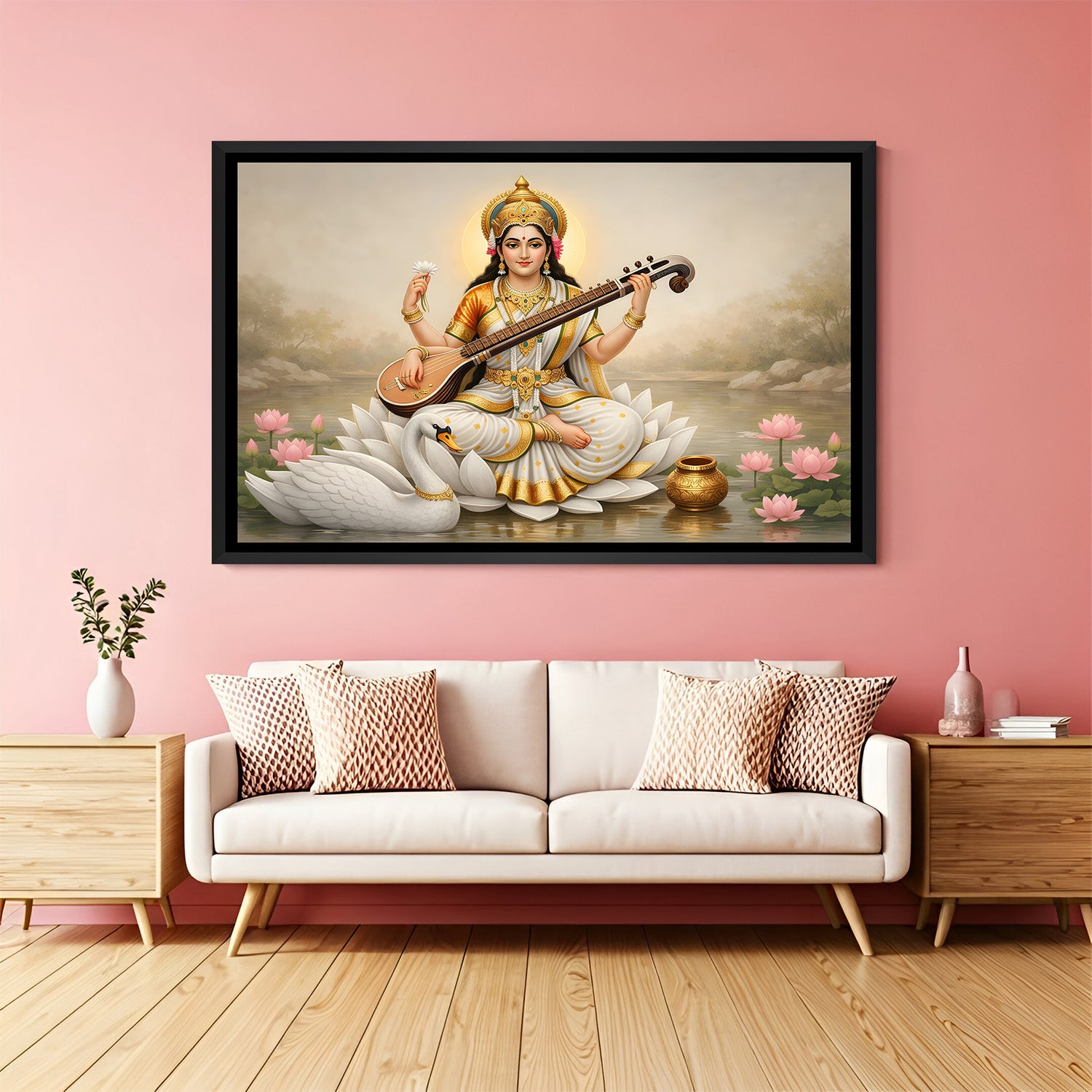 Devotional Saraswati lotus lake painting displayed in black floater frame
