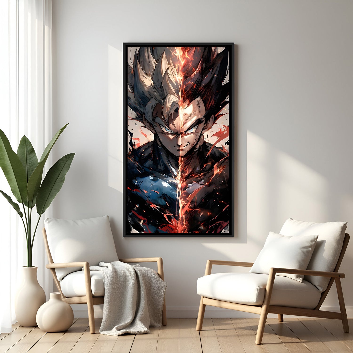 Vegeta intense close-up anime canvas artwork in premium black floater frame