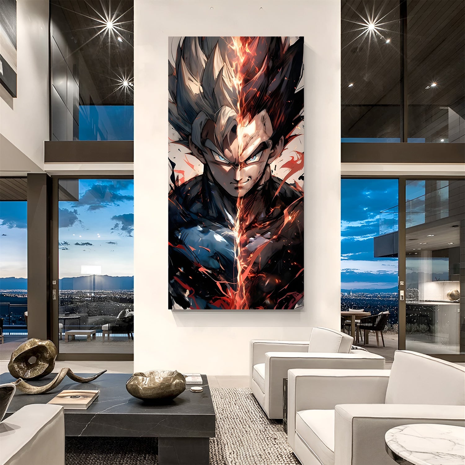 Vegeta intense close-up canvas painting with fiery crack anime artwork in canvas wrapped frame