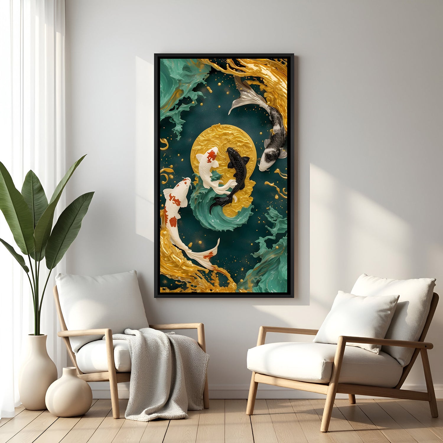 Contemporary koi fish wall art with green and gold accents in elegant black floater frame
