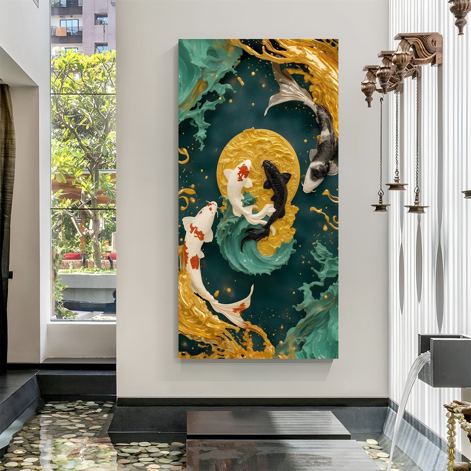 Modern yin yang koi fish painting featuring gold, green, and black tones in premium canvas wrapped frame