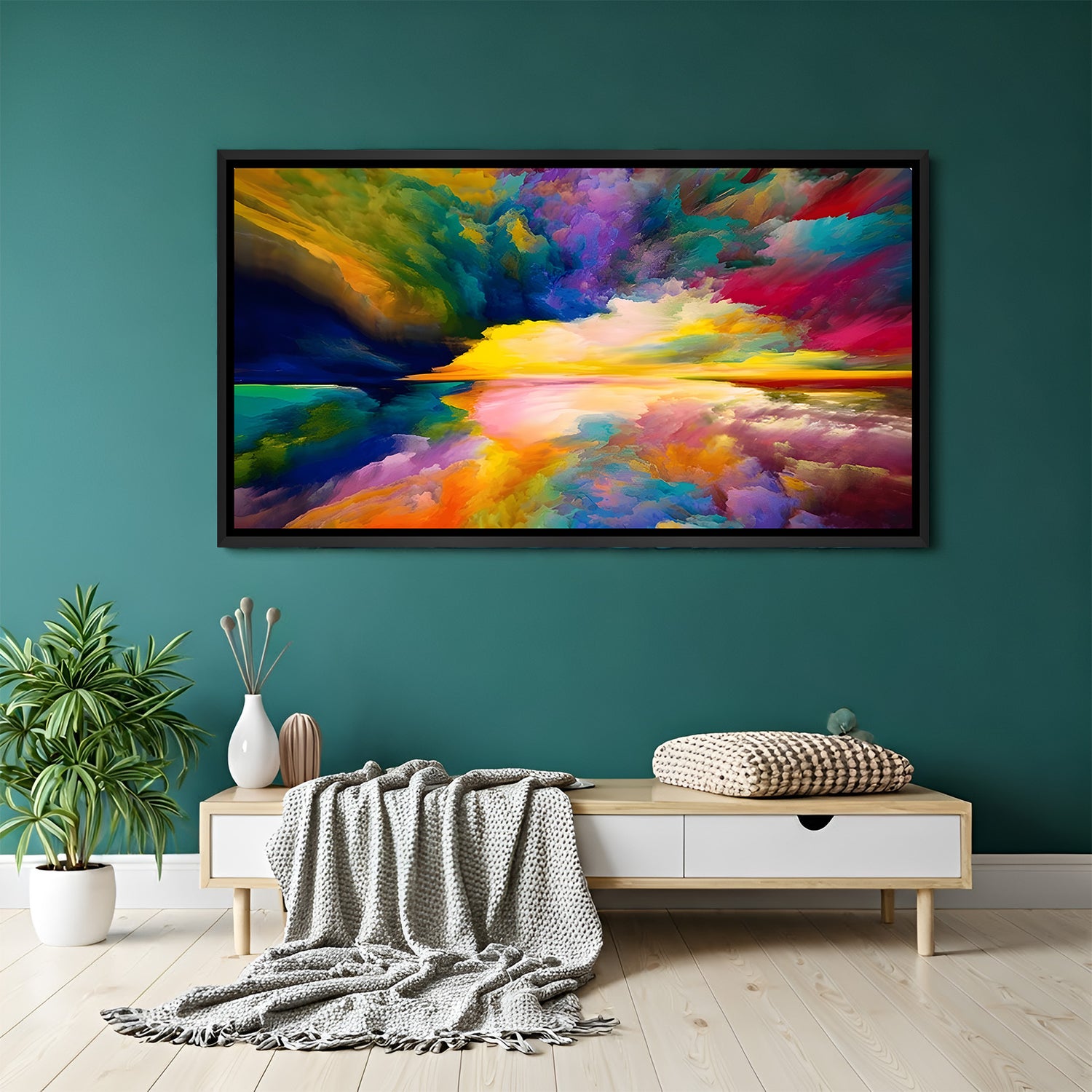 Colorful abstract landscape canvas wall art with reflection effect in black floater frame above sofa in contemporary living room decor