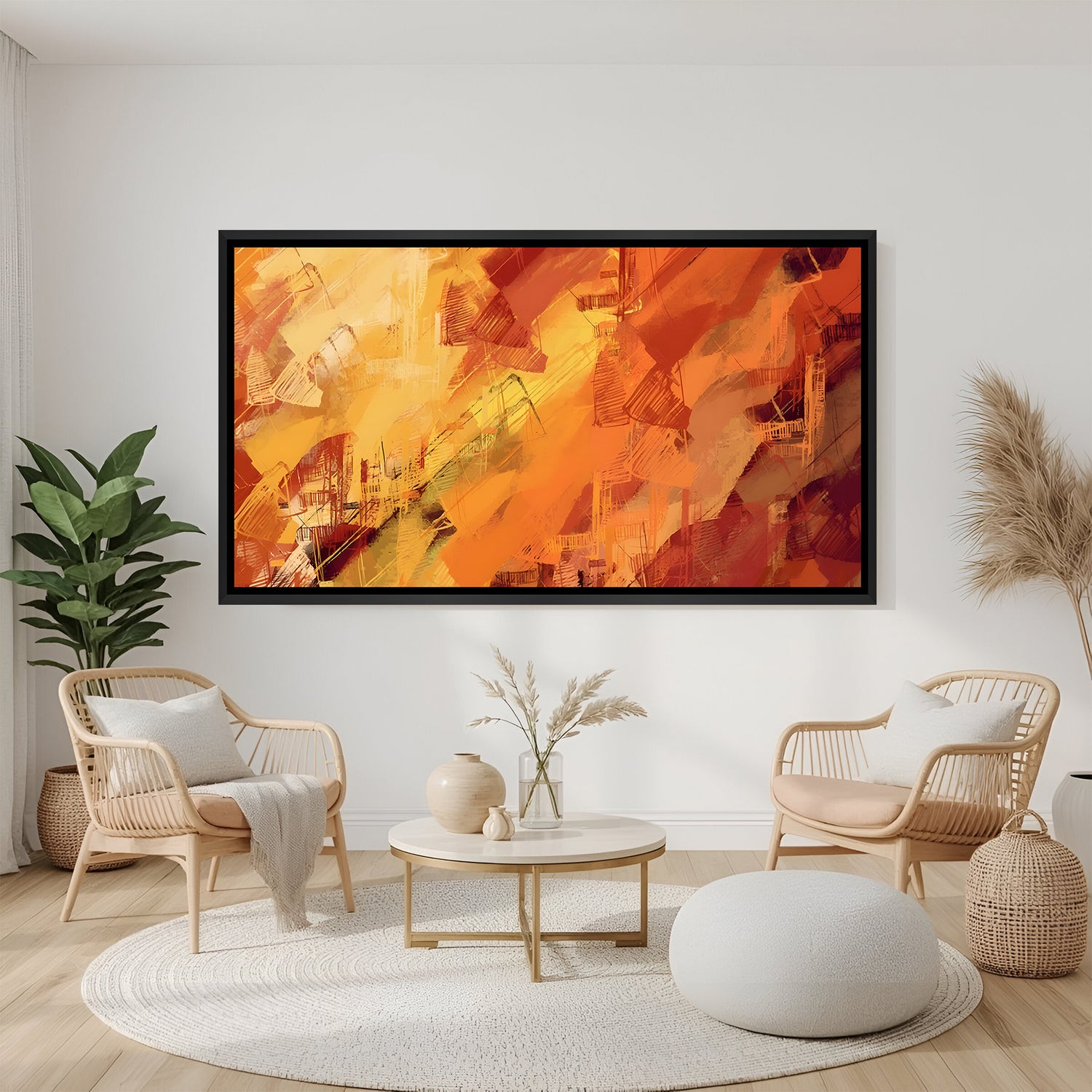 Warm orange abstract canvas wall art with textured brush strokes in black floater frame above sofa in contemporary living room decor
