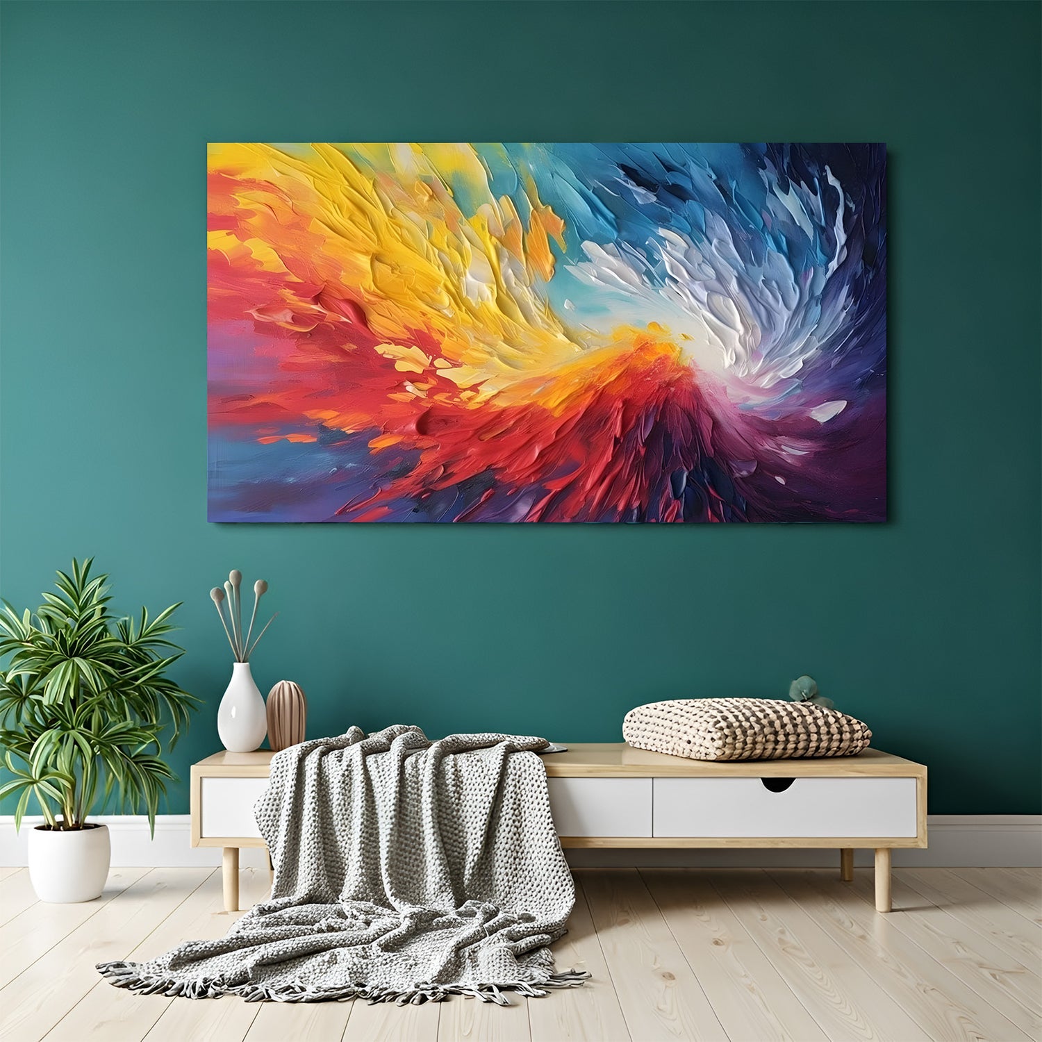 Vibrant abstract canvas wall art with bold red, yellow, blue, and white colors displayed above sofa in modern living room with canvas wrap finish