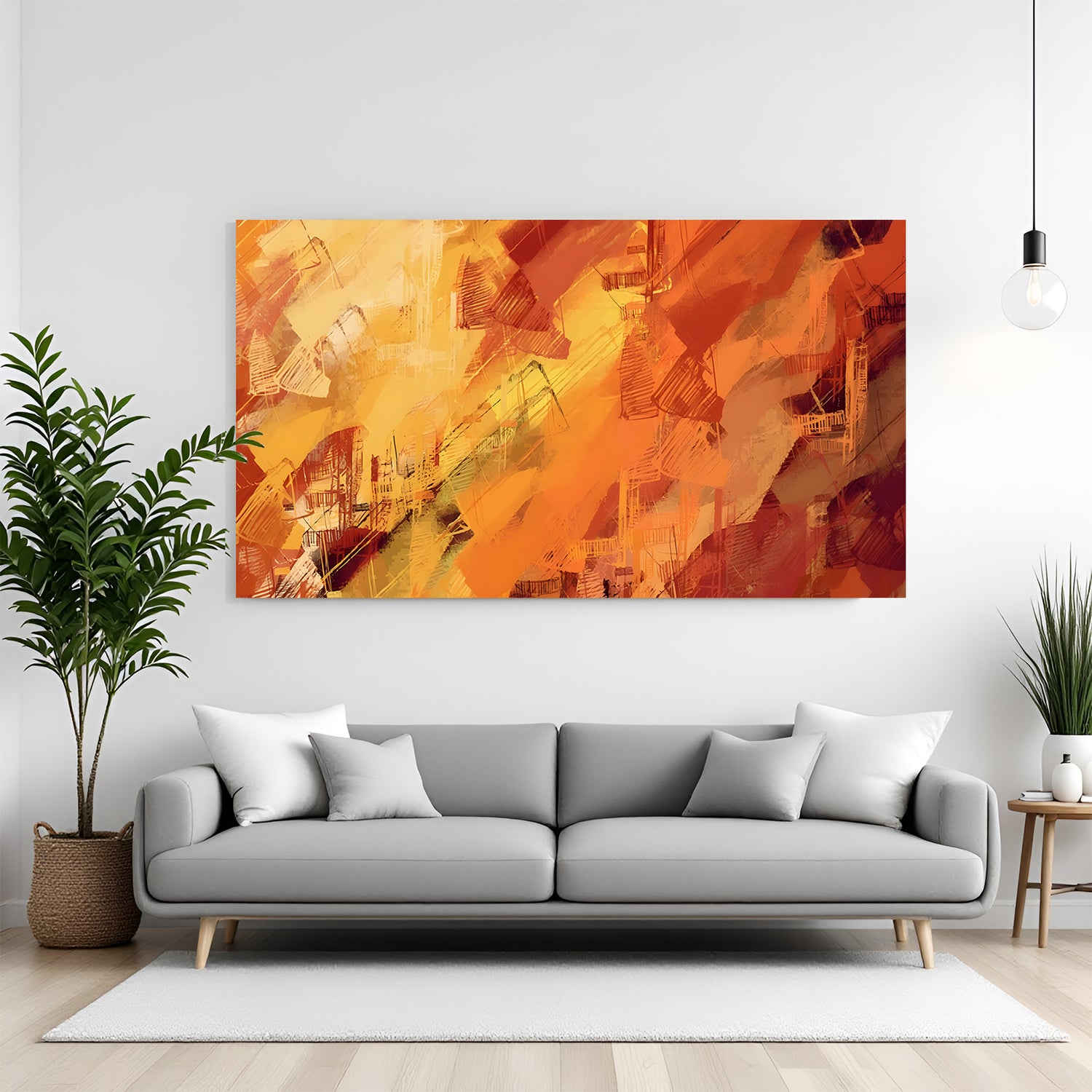 Vibrant abstract canvas wall art with warm orange, yellow, and red tones displayed above sofa in modern living room canvas wrap decor