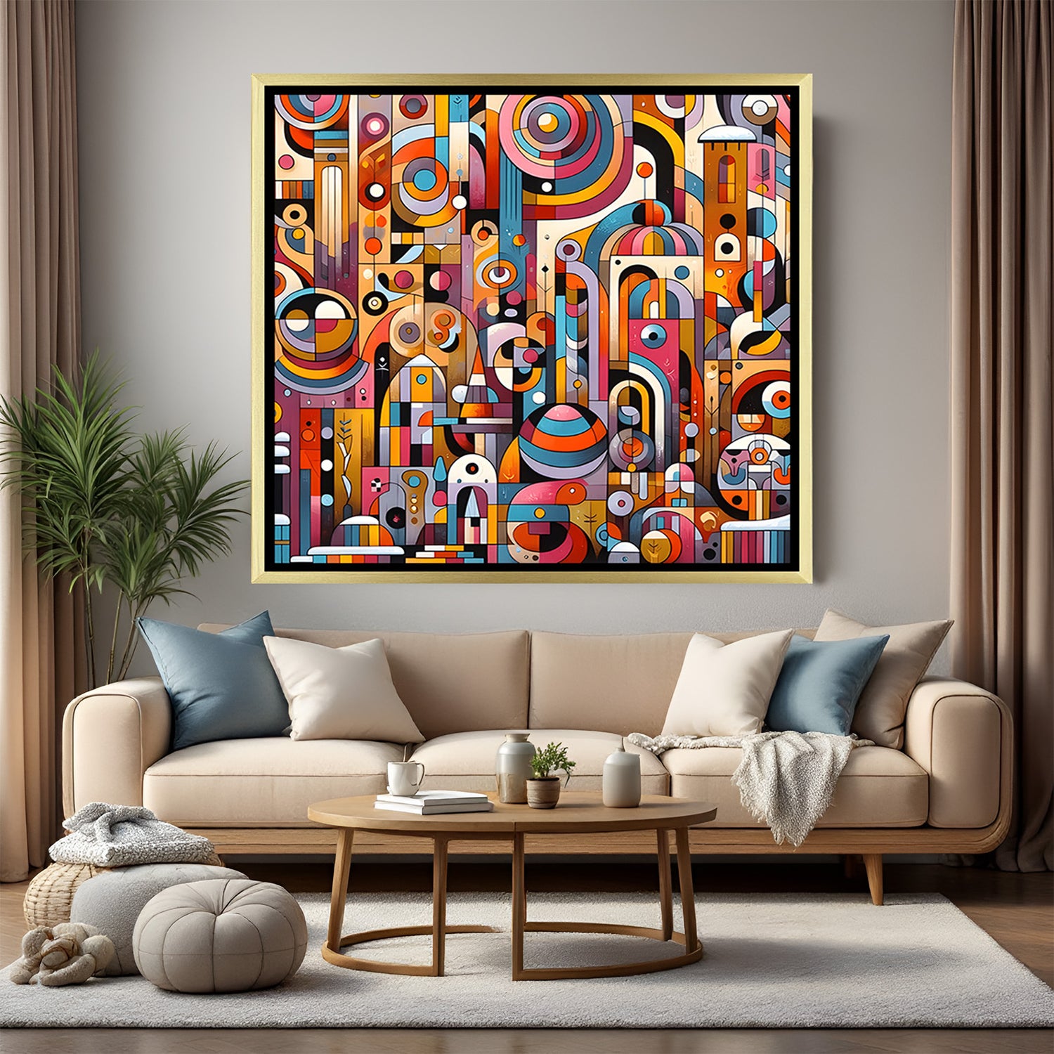 Colorful geometric abstract canvas art with golden frame