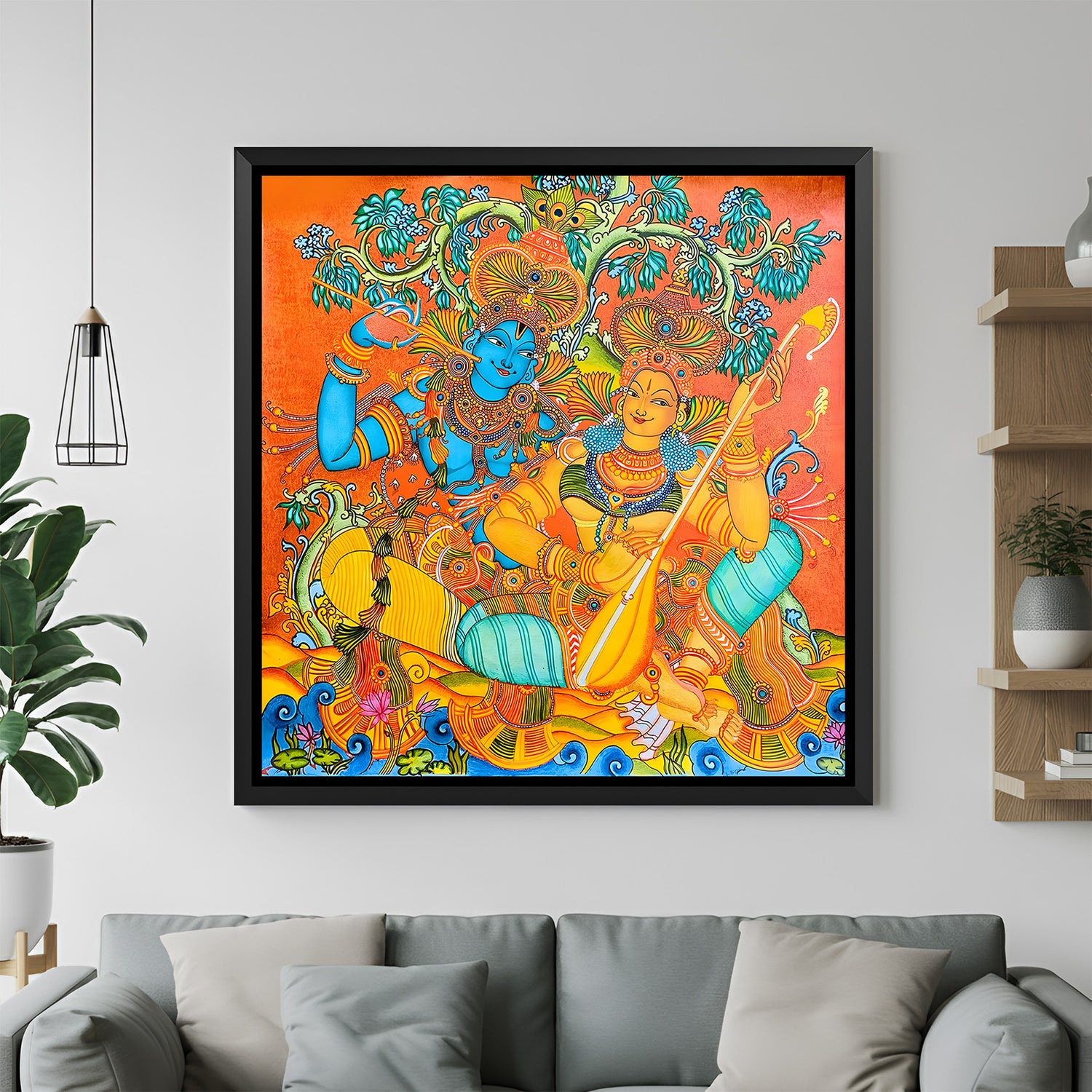 Colorful Radha Krishna Kerala mural wall painting in elegant black floater frame for spiritual interiors