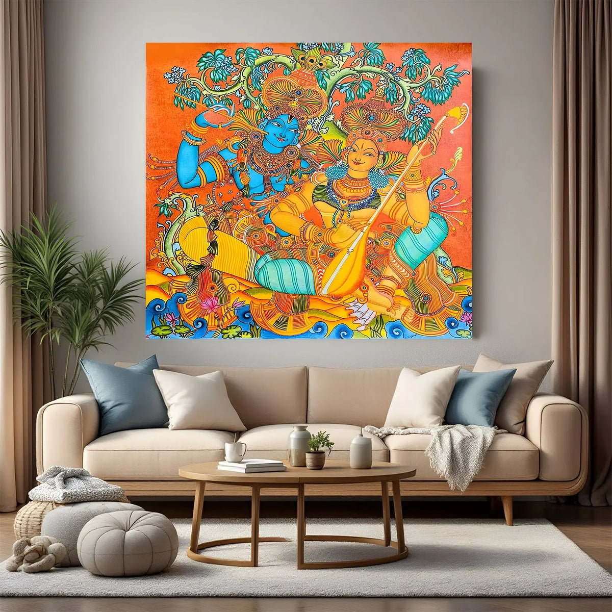Vibrant Radha Krishna Kerala mural canvas wall art in premium canvas wrapped frame with colorful traditional detailing
