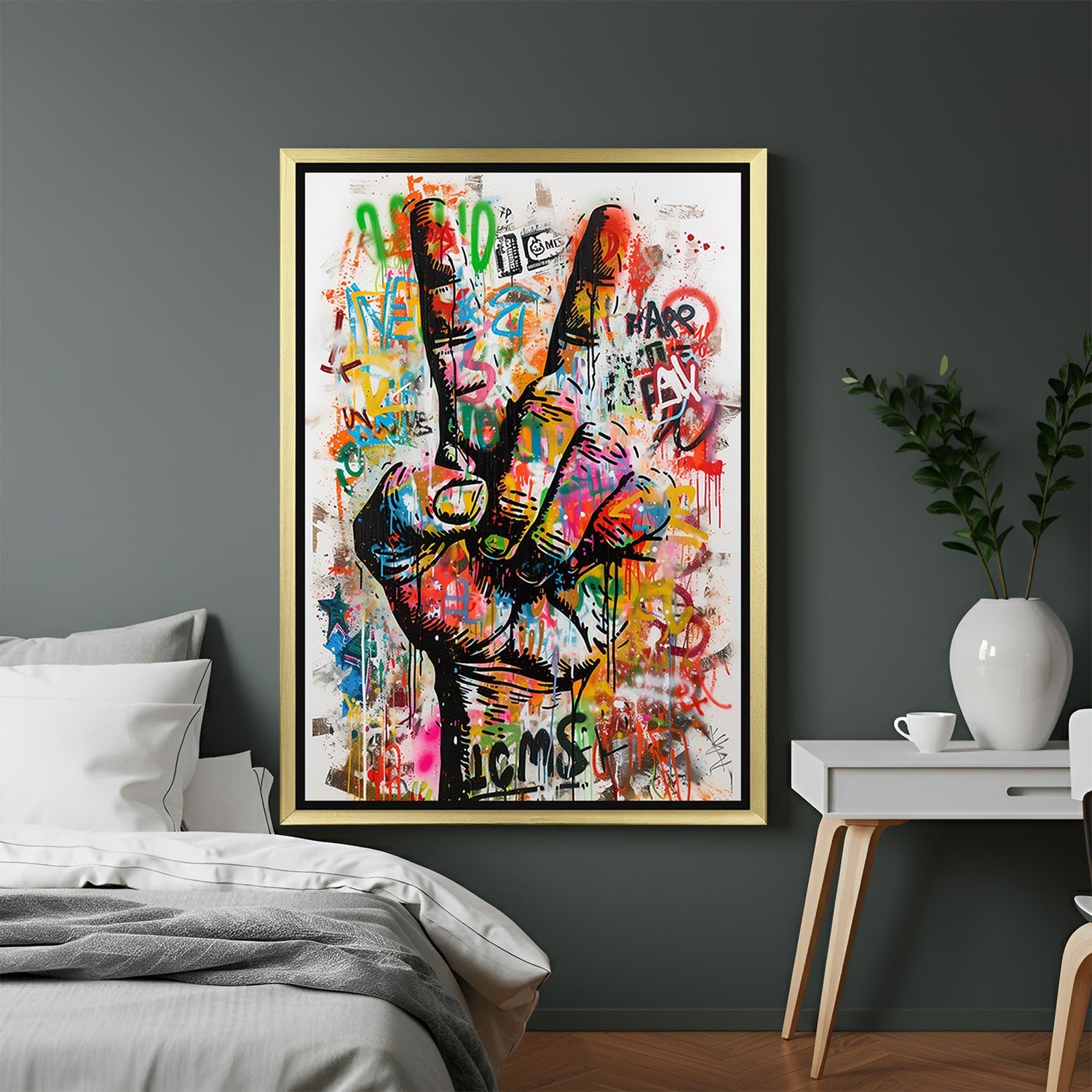Golden-framed canvas print showing the iconic victory hand sign in altered painted style—perfect for adding symbolism and edge to modern and minimalist interiors