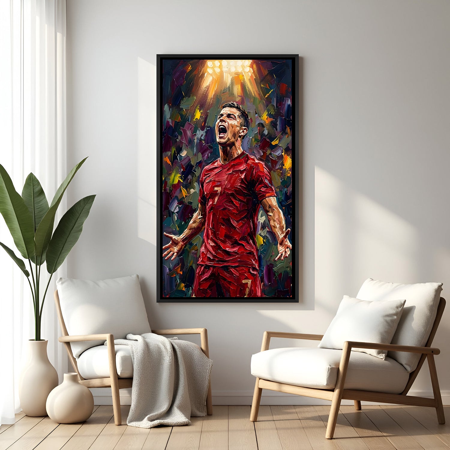 Football celebration motivation artwork in elegant black floater frame with powerful stadium atmosphere