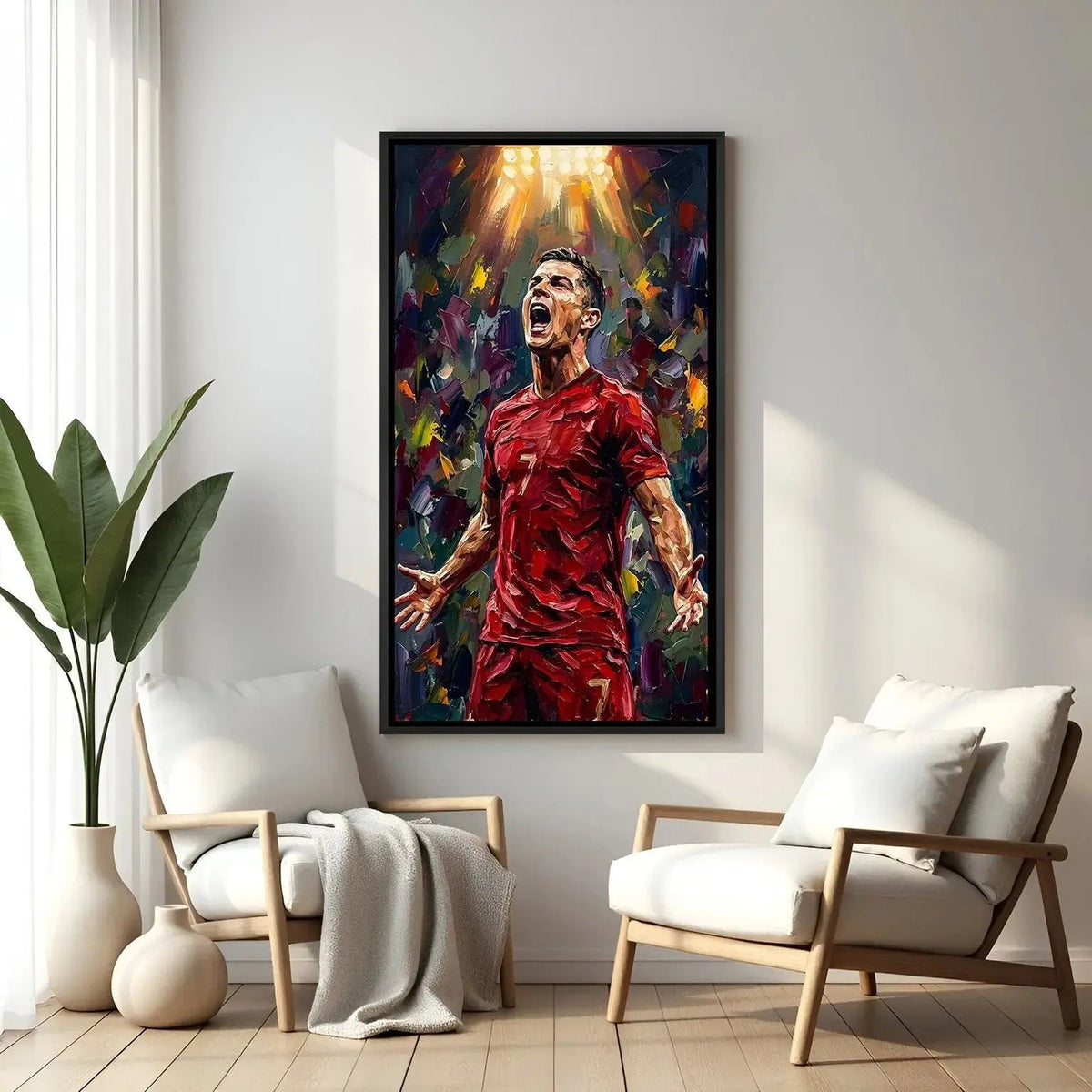 Football celebration motivation artwork in elegant black floater frame with powerful stadium atmosphere