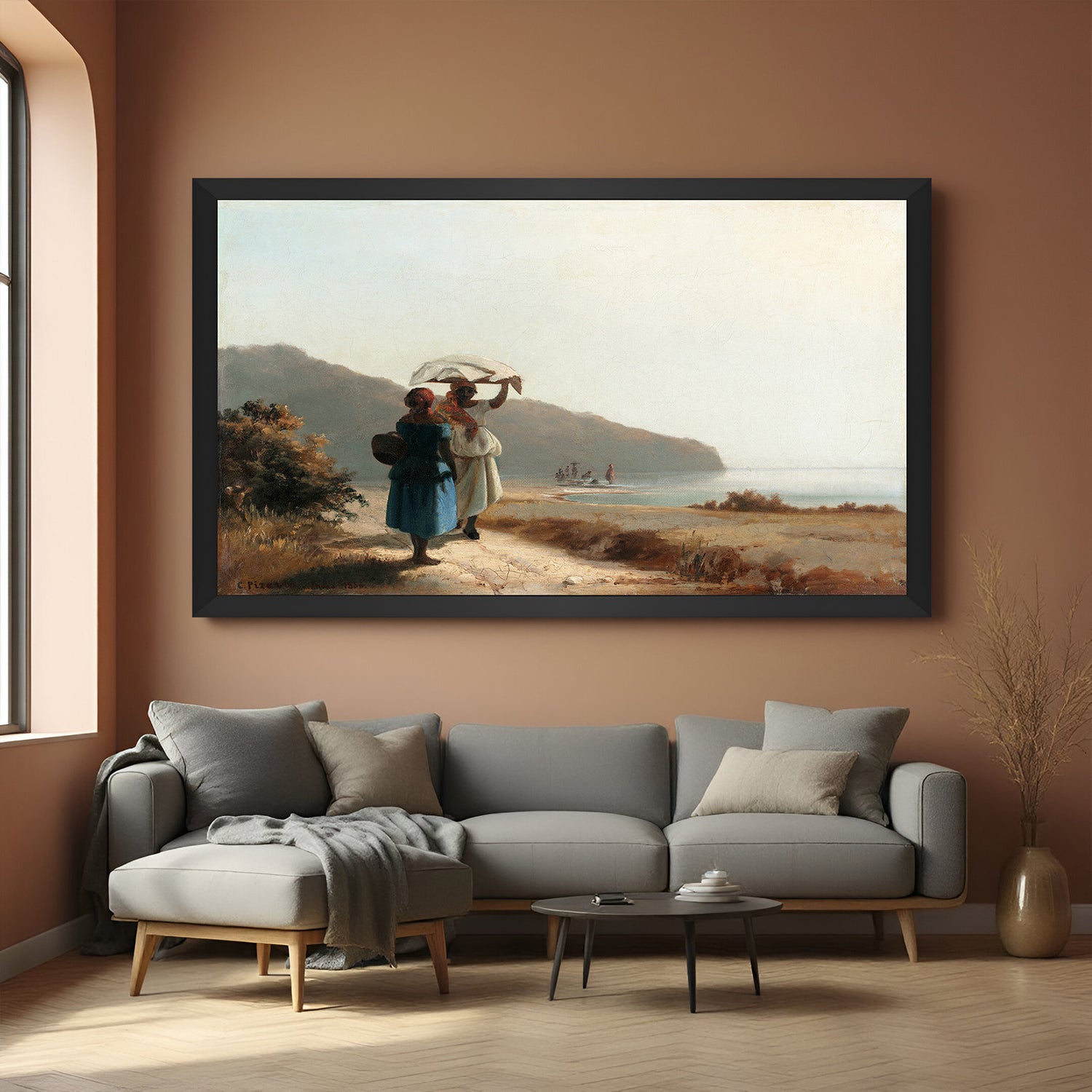Black-framed vintage village art with traditional man and woman in rustic landscape—aged wall decor