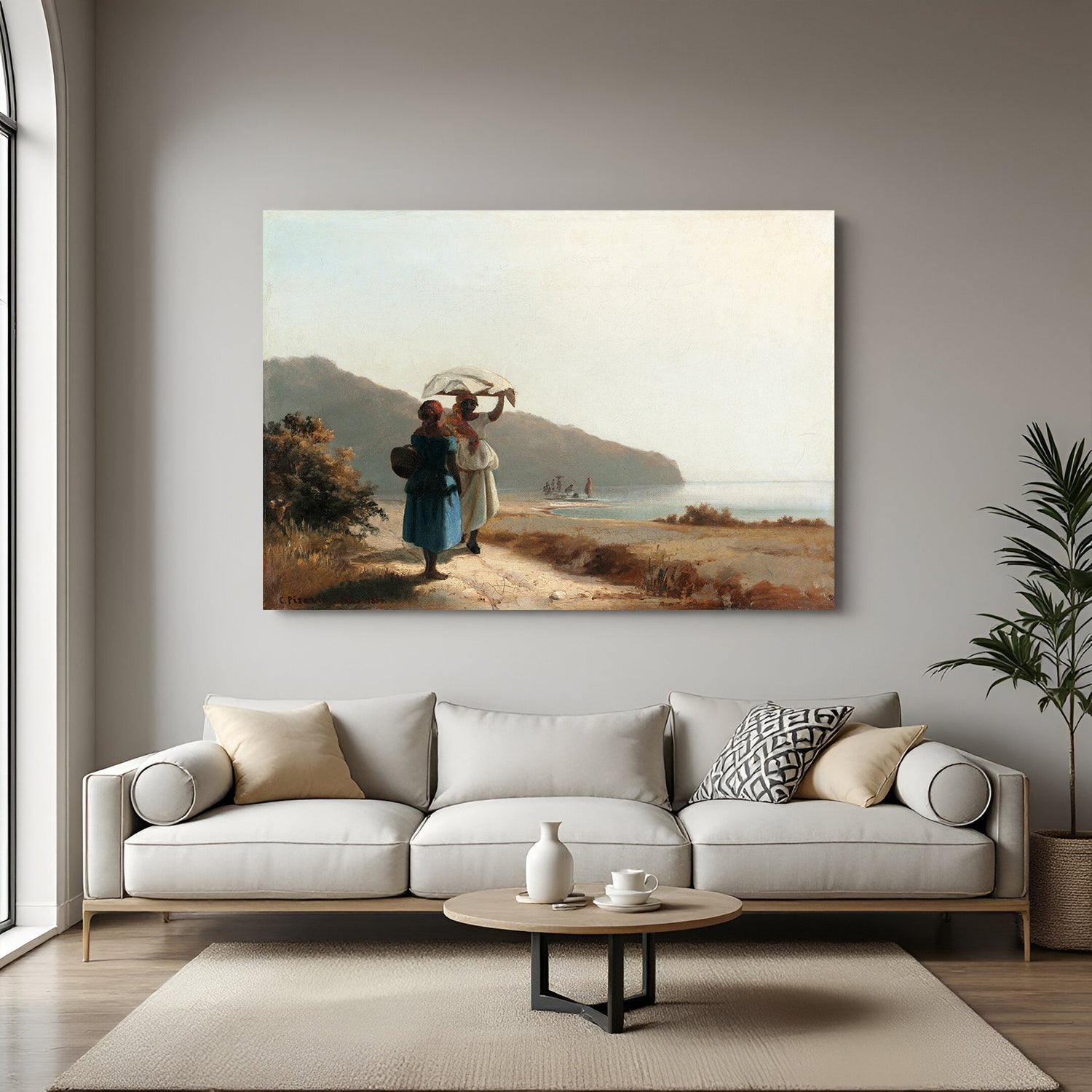 Vintage canvas wall art of rural man and woman near water body—ancient-style village scenery painting