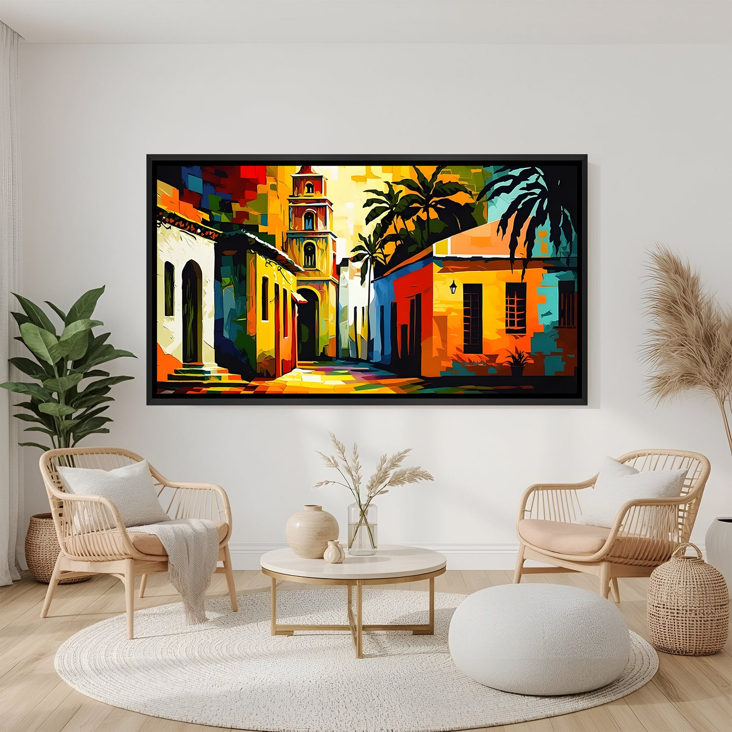 Modern village landscape wall art in elegant black floater frame with contemporary rural artwork design
