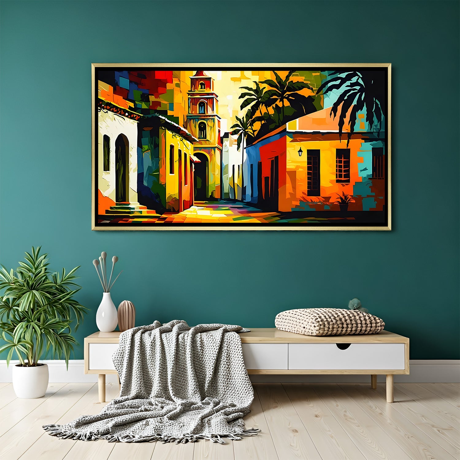 Village modern canvas artwork in wooden frame ideal for warm rustic and contemporary interiors