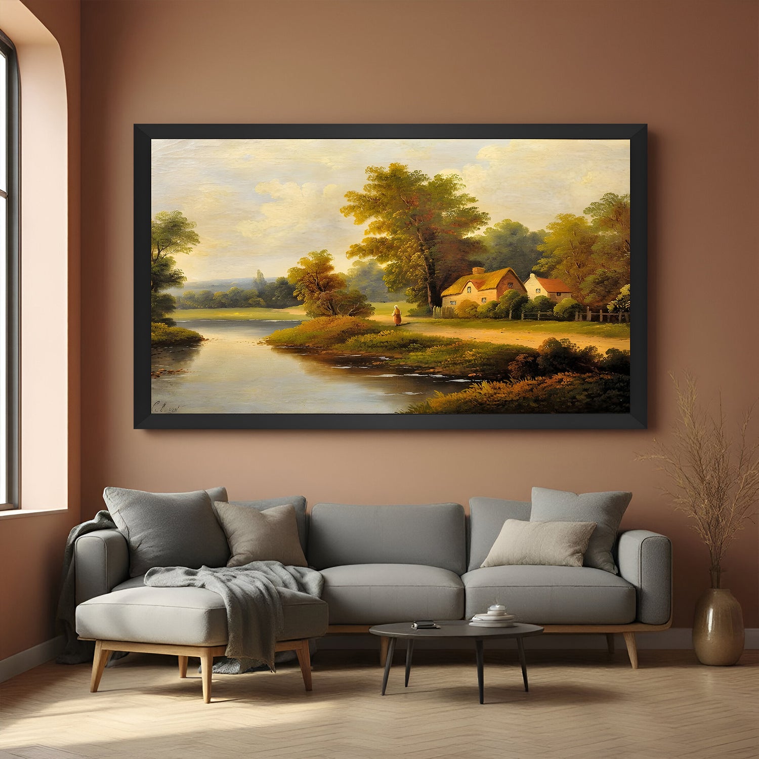 Black-framed vintage village river scene—canvas print with small houses and natural charm