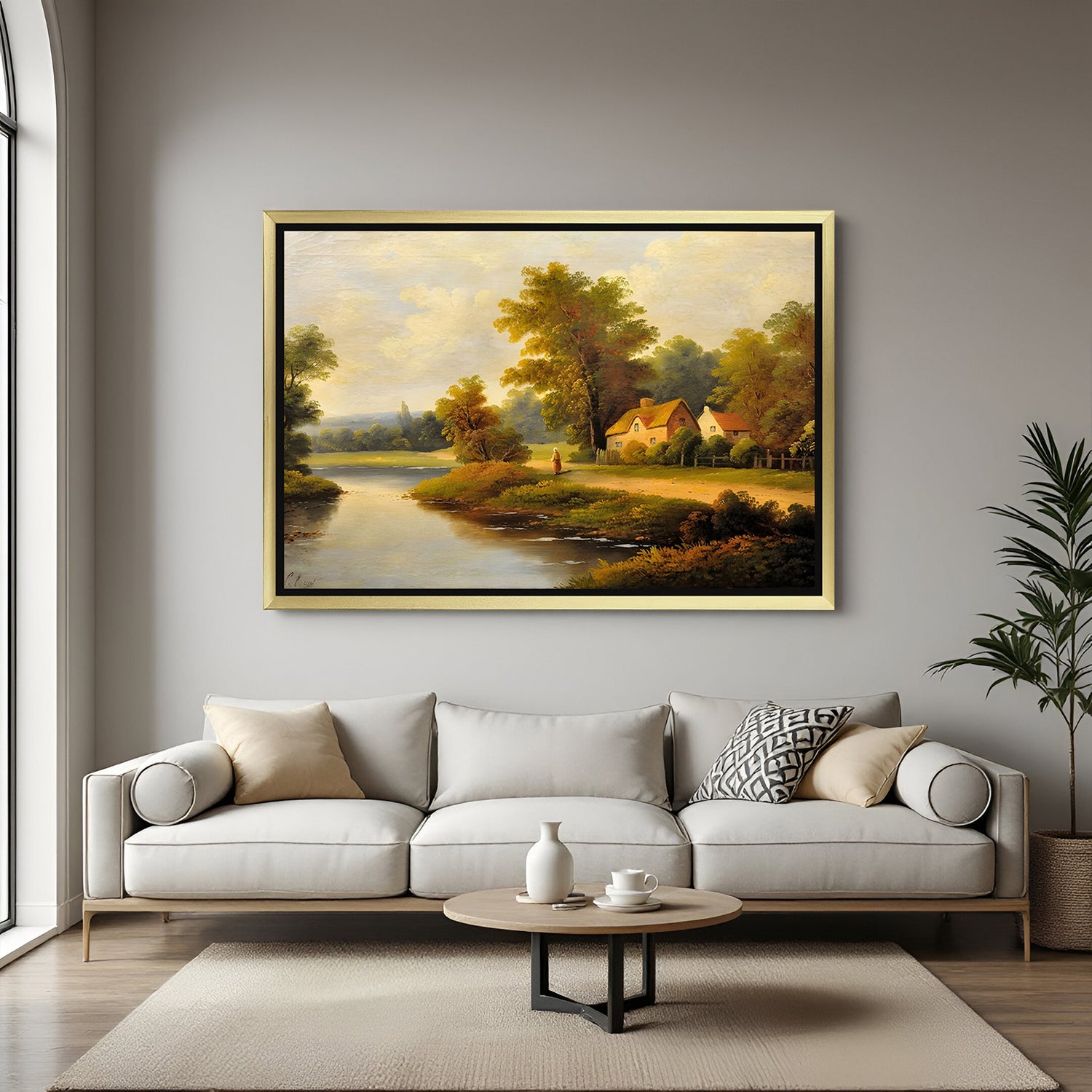 Golden-framed canvas of a riverside village—classical rural wall art with an antique look