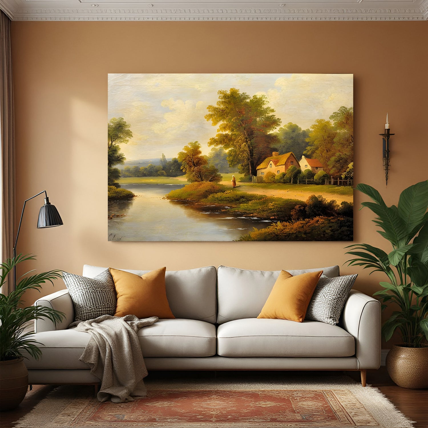 Vintage canvas wall art of a scenic village with river and cottages—ancient countryside painting for calm interiors