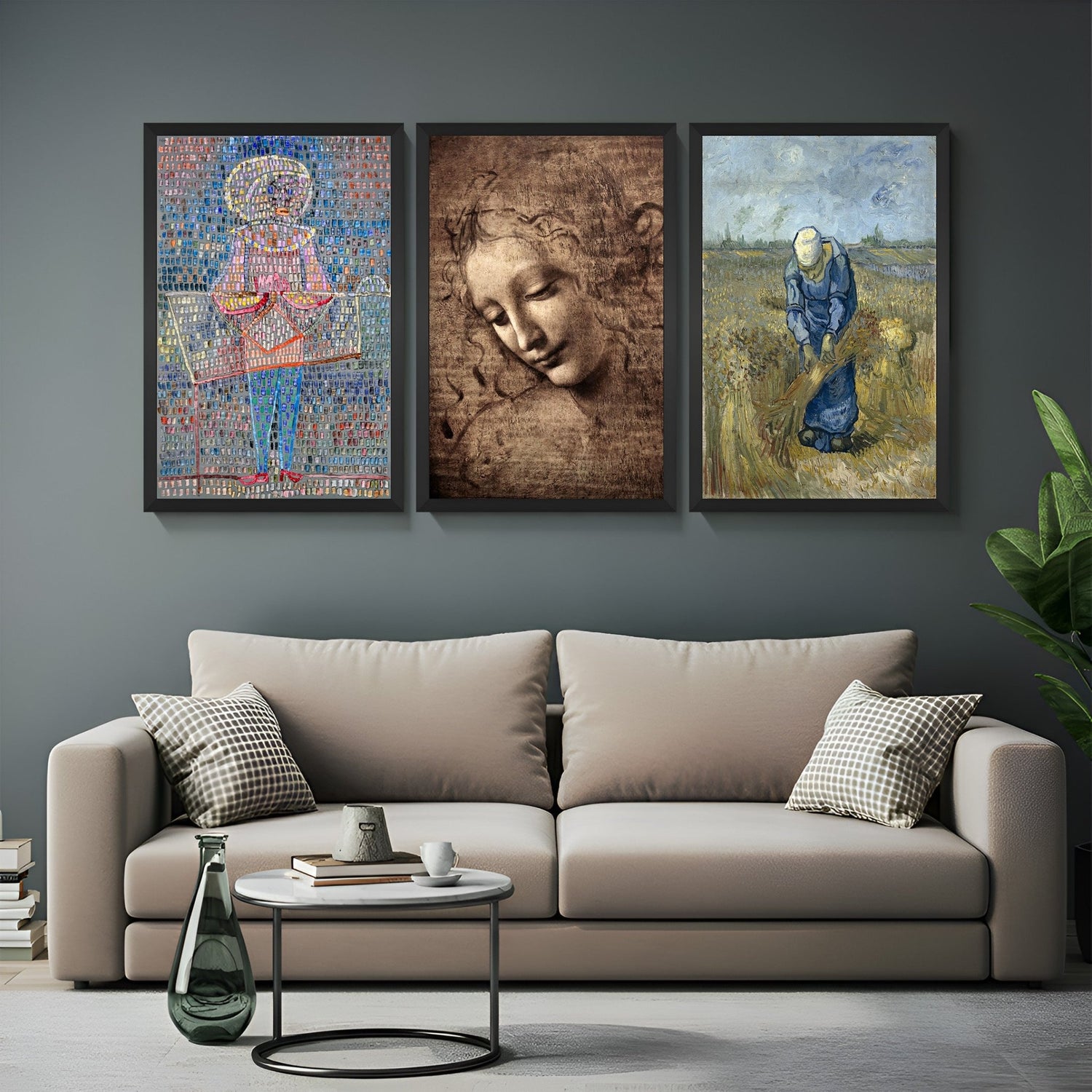 Set of 3 canvas prints combining modernist, Renaissance, and post-impressionist styles by Klee, Da Vinci, and Van Gogh – perfect for elegant vintage interiors