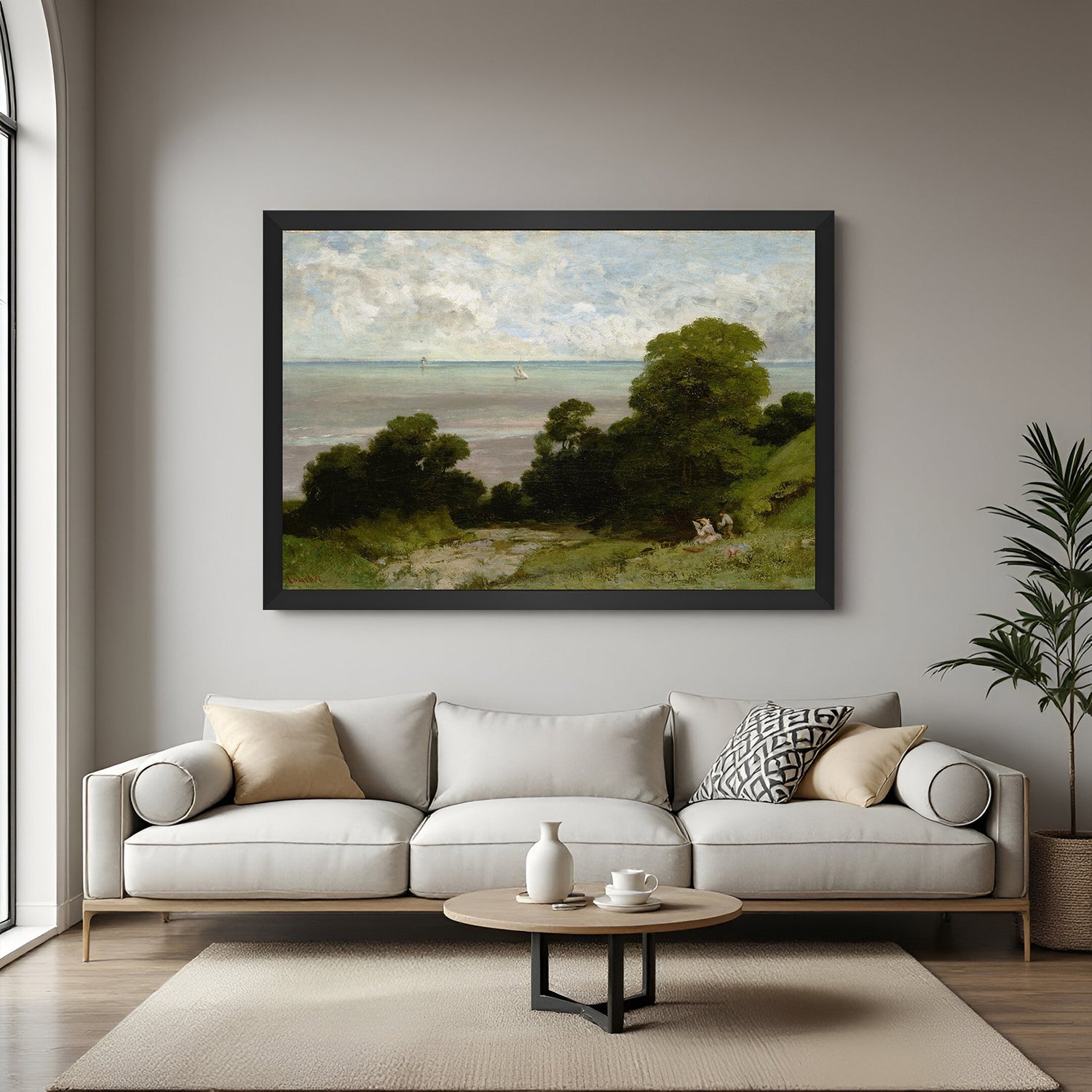 Black-framed vintage beach landscape with lush greenery and aged tone—peaceful wall art for rustic interiors