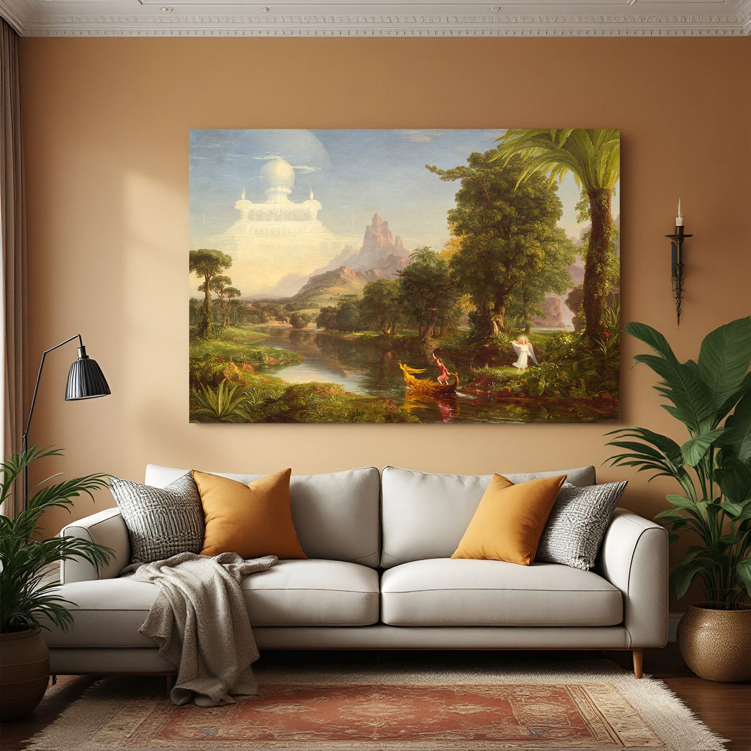 Vintage wall art of man in boat amidst nature—ancient painting style with aged canvas effect