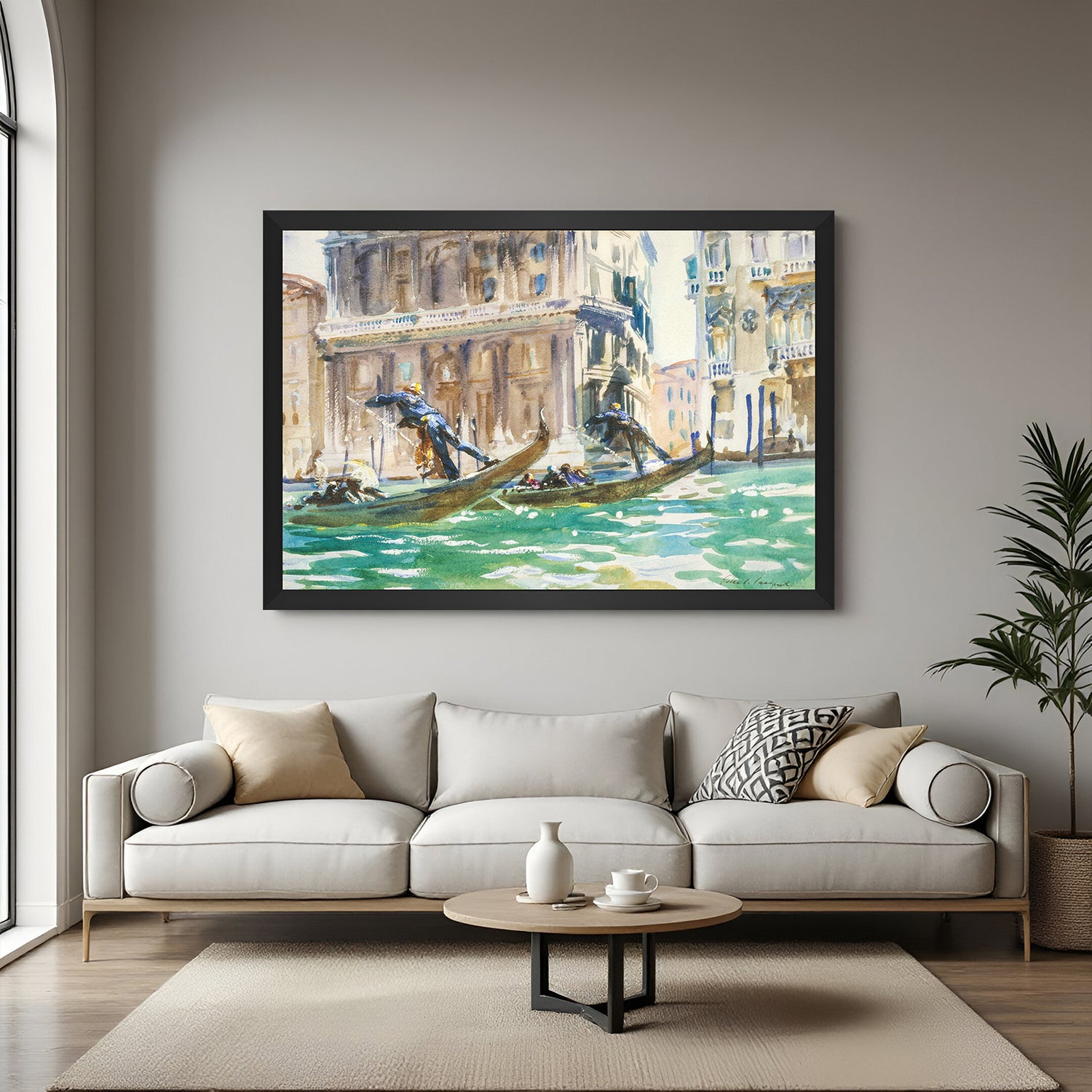 Black-framed canvas printed wall art of traditional boats with boatmen and passengers—vintage European-style setting