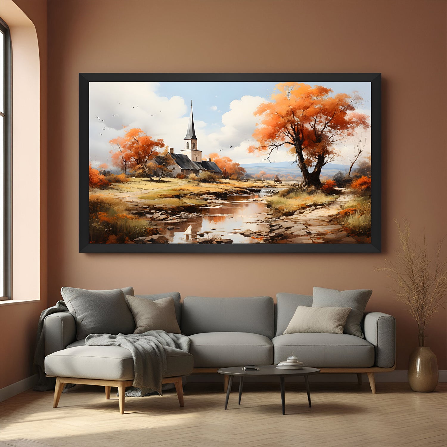 Black-framed canvas printed wall art of a countryside church, river, and tree—serene vintage wall art for classic interiors