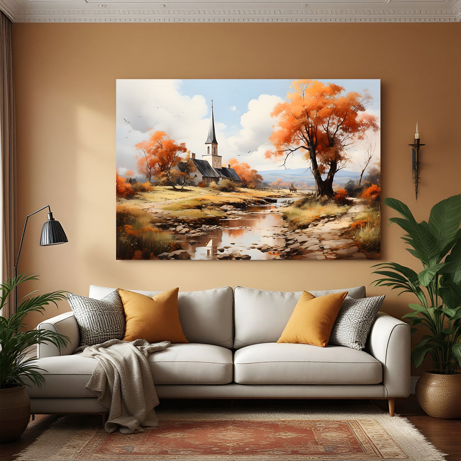 Vintage canvas art of a church by the river with tree and scenic view—ancient-style landscape wall art full of peace and charm