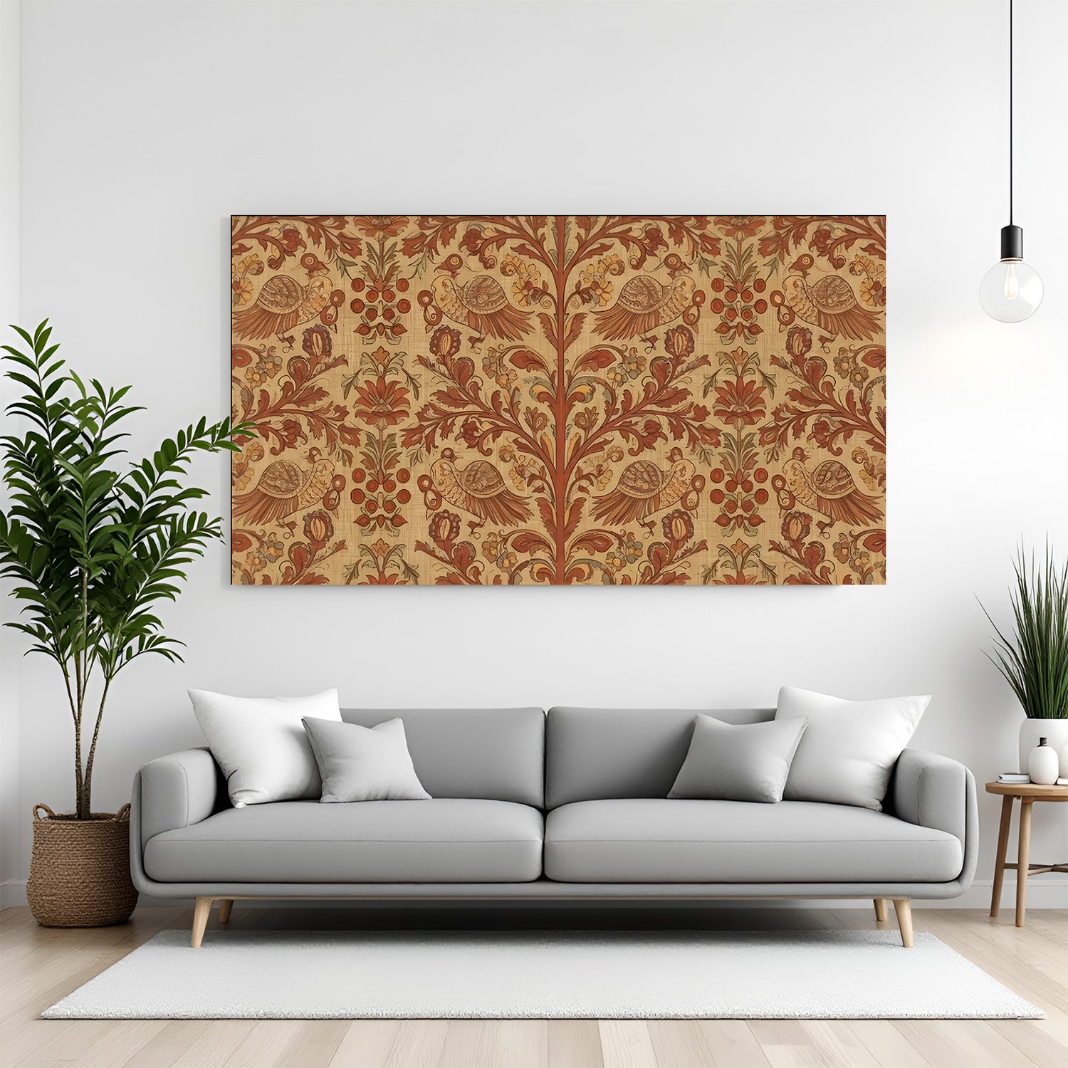 Vintage floral bird Kalamkari canvas wall art in premium canvas wrapped frame with earthy botanical patterns