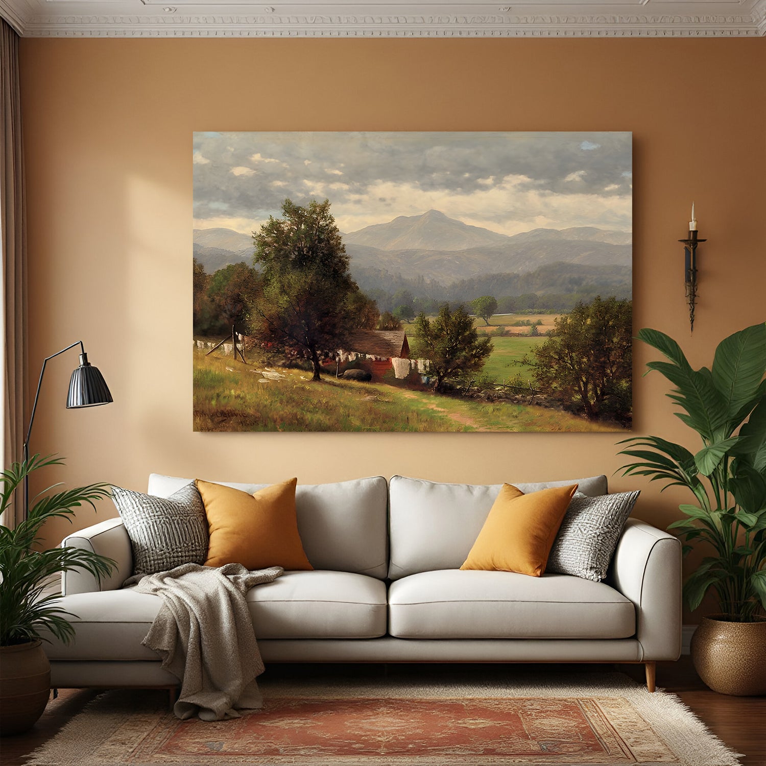 Vintage canvas wall art of landscape with mountains, green hills, and trees—classic scenic decor
