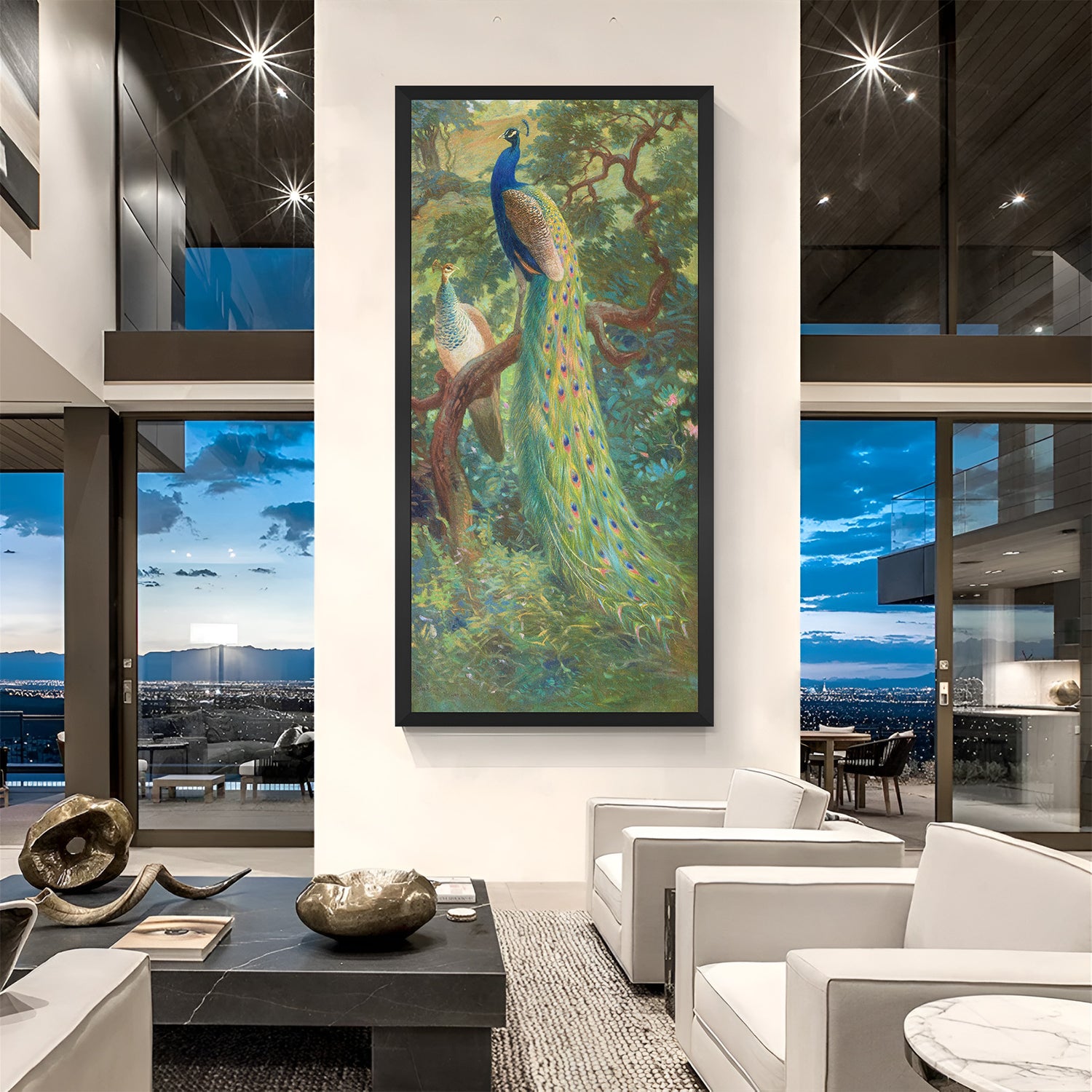 Black frame vintage peacock painting – Vastu wall art for elegant and spiritual interiors