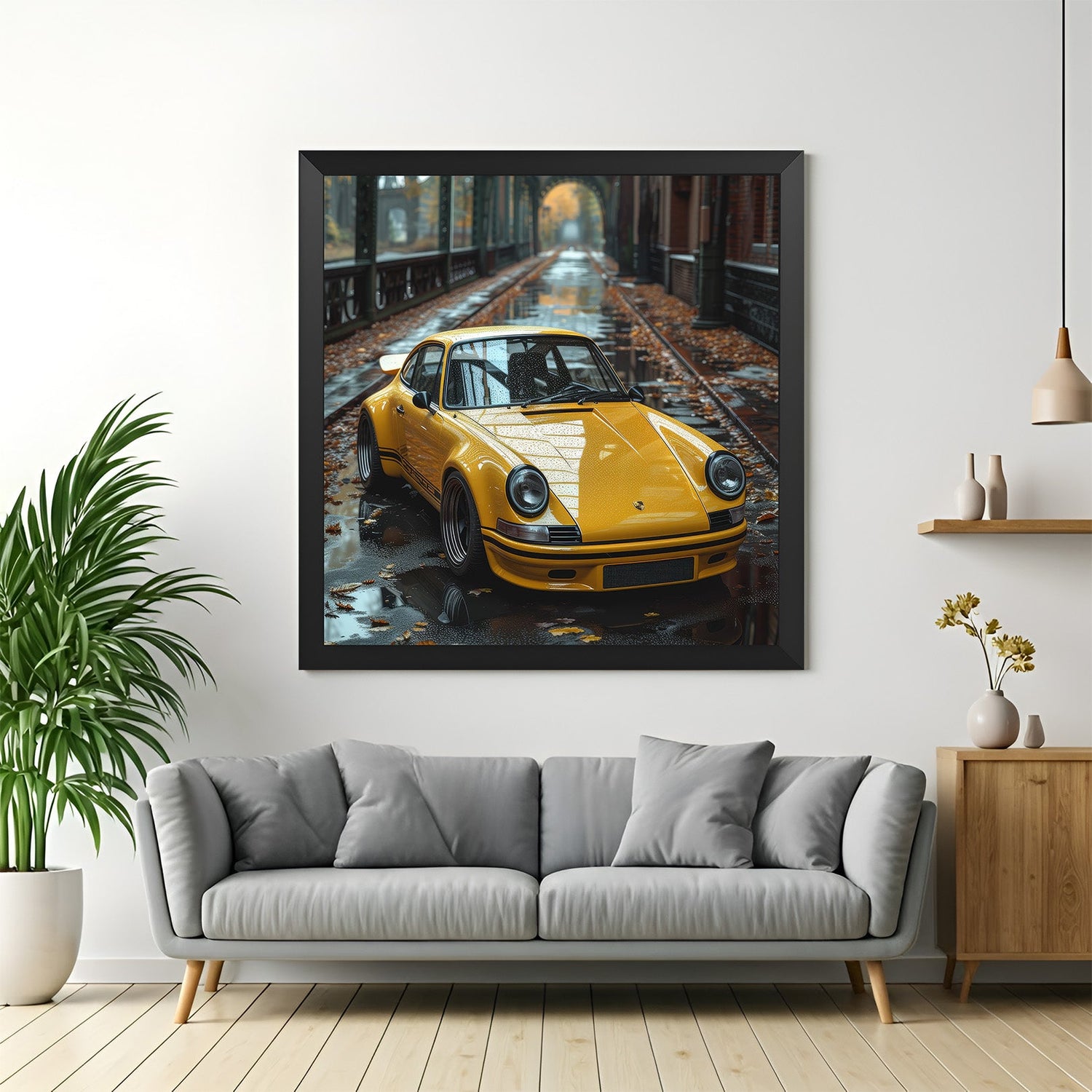Framed canvas of a glossy classic Porsche car with black floater frame for a sleek display