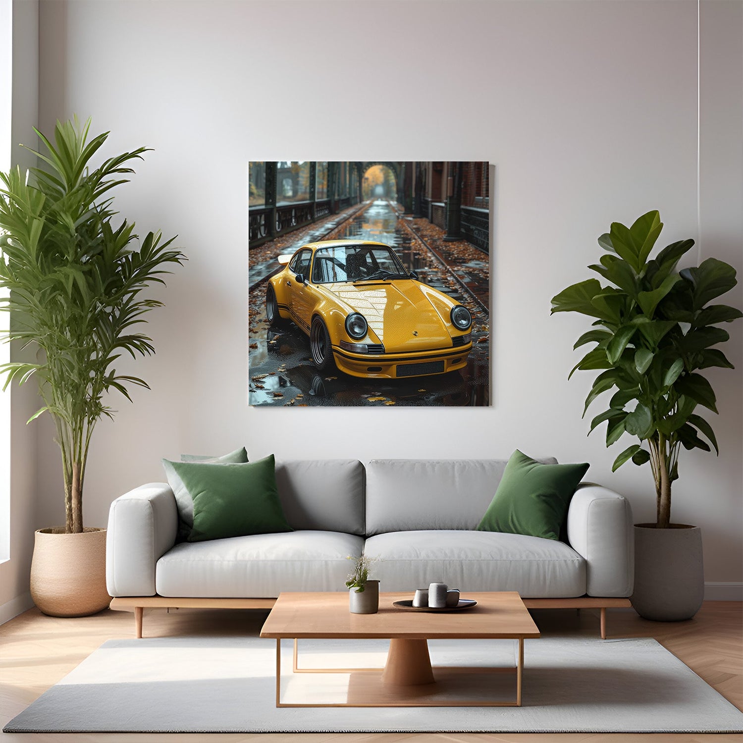Shiny vintage Porsche car captured in a detailed canvas print for classy retro-themed decor