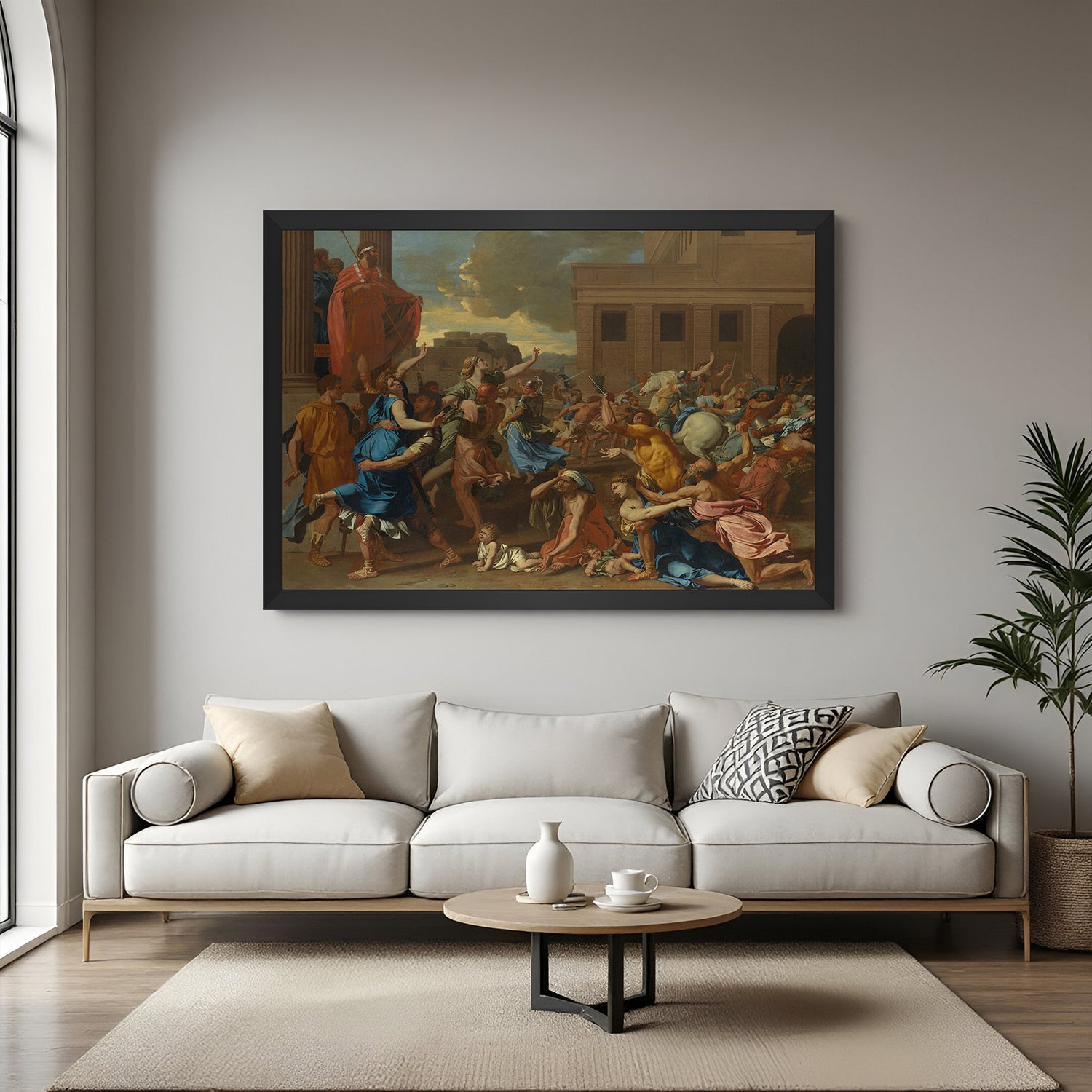 Black-framed classic canvas of the Sabine Women myth—historical Roman wall art in vintage painting style