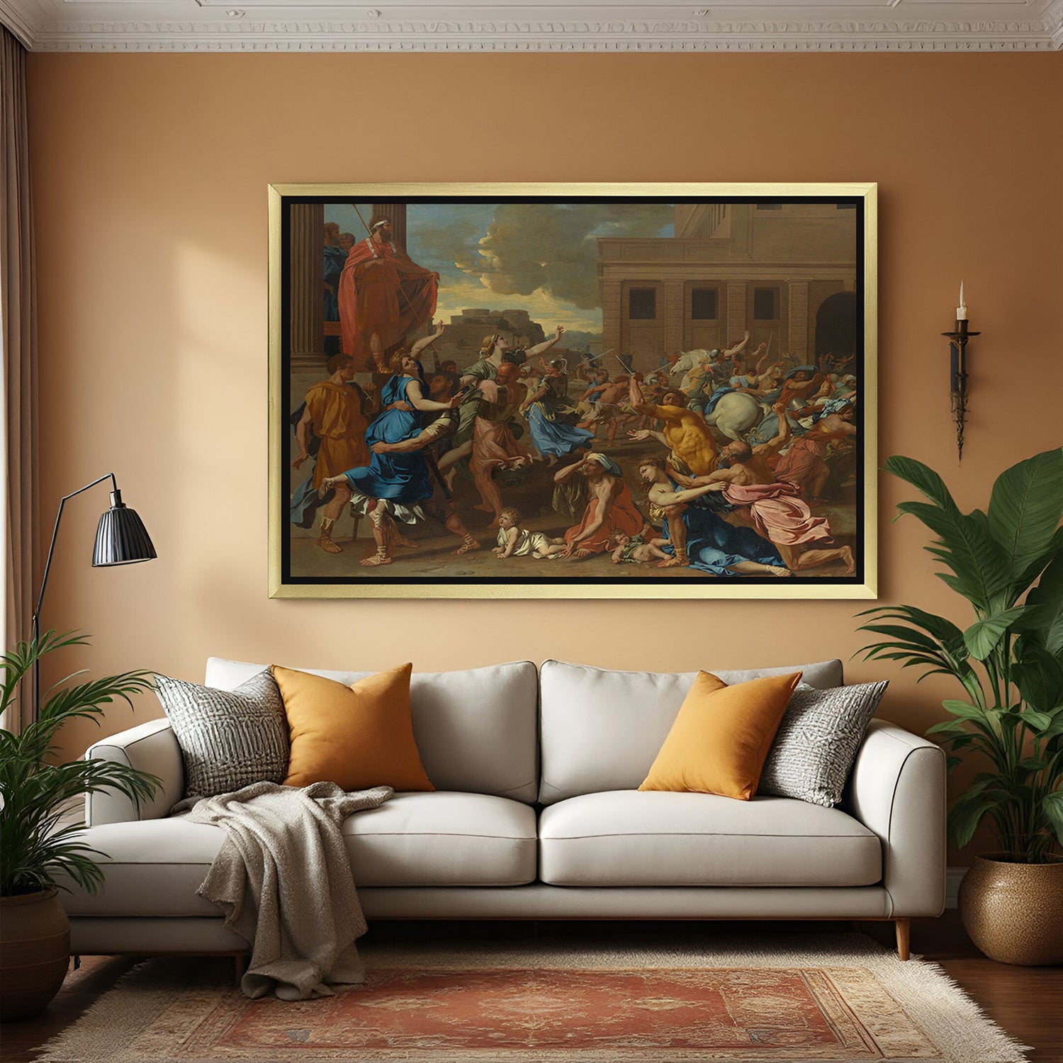 Golden-framed vintage canvas print of the Sabine Women—mythological Roman decor for traditional interiors