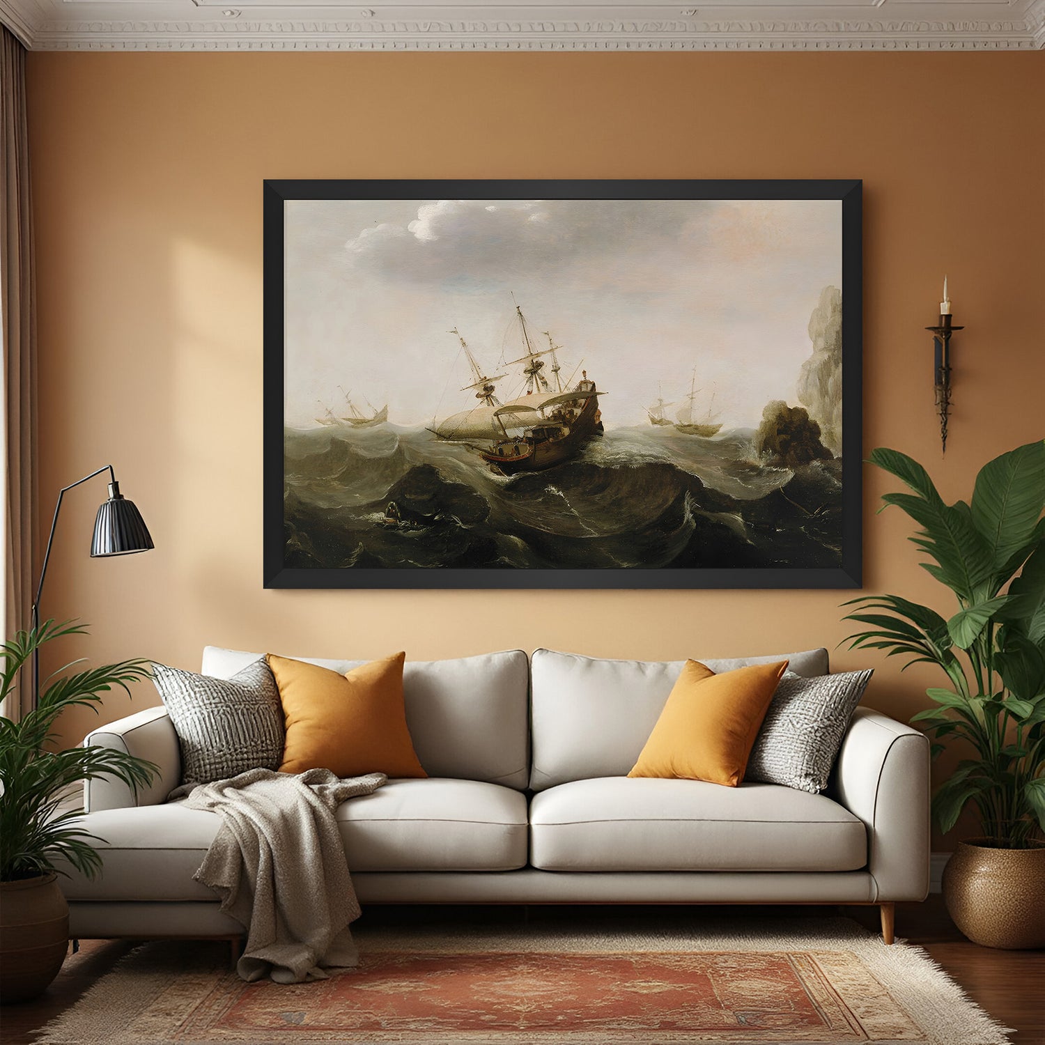 Black-framed vintage sea painting with ship in high waves and dark ocean—nautical wall art