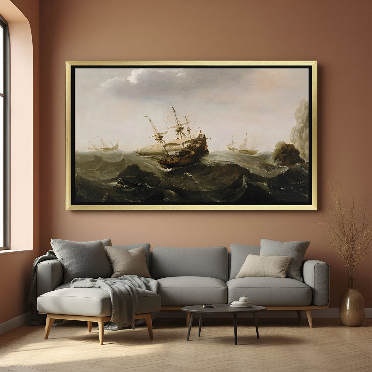 Golden-framed canvas of ship caught in ocean storm with other boats behind—vintage marine decor