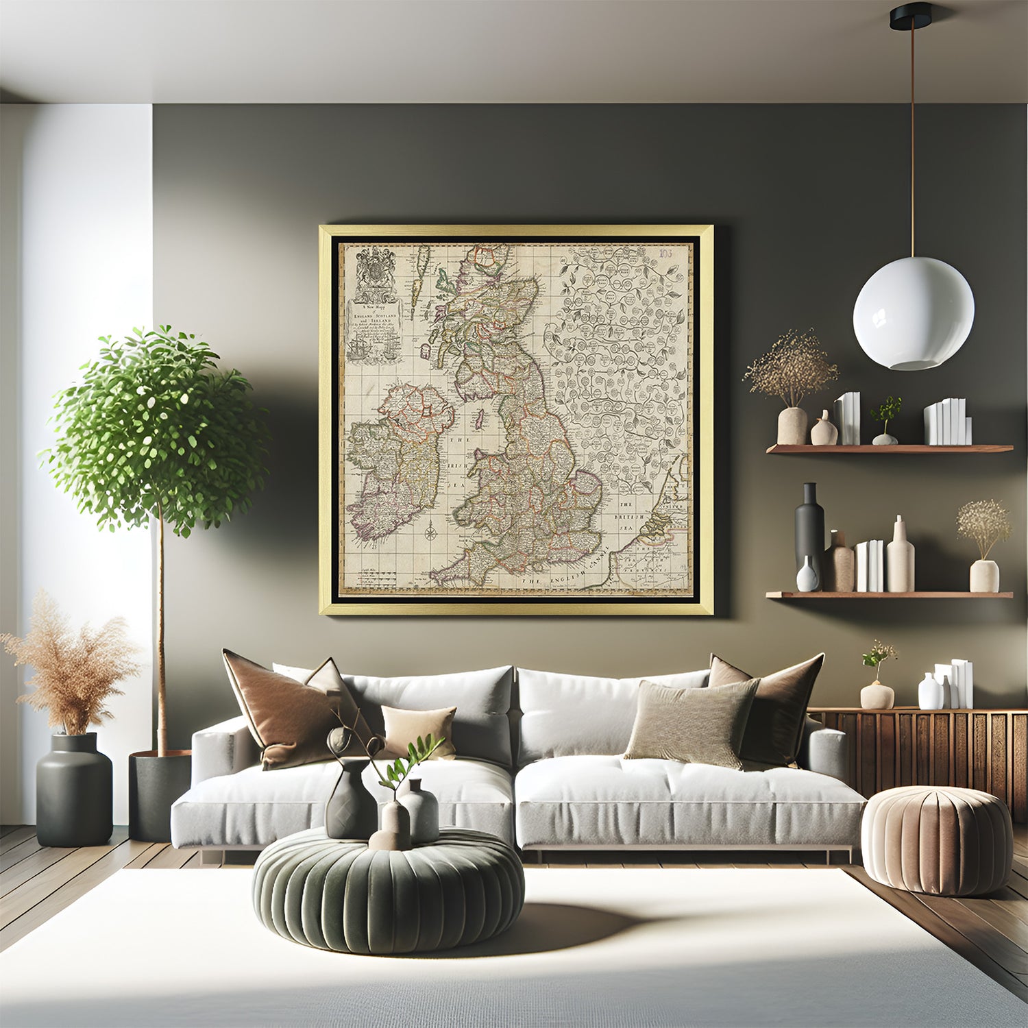 Golden-framed vintage canvas art of old time map with ancient-style details—perfect canvas wall art for classy and traditional spaces