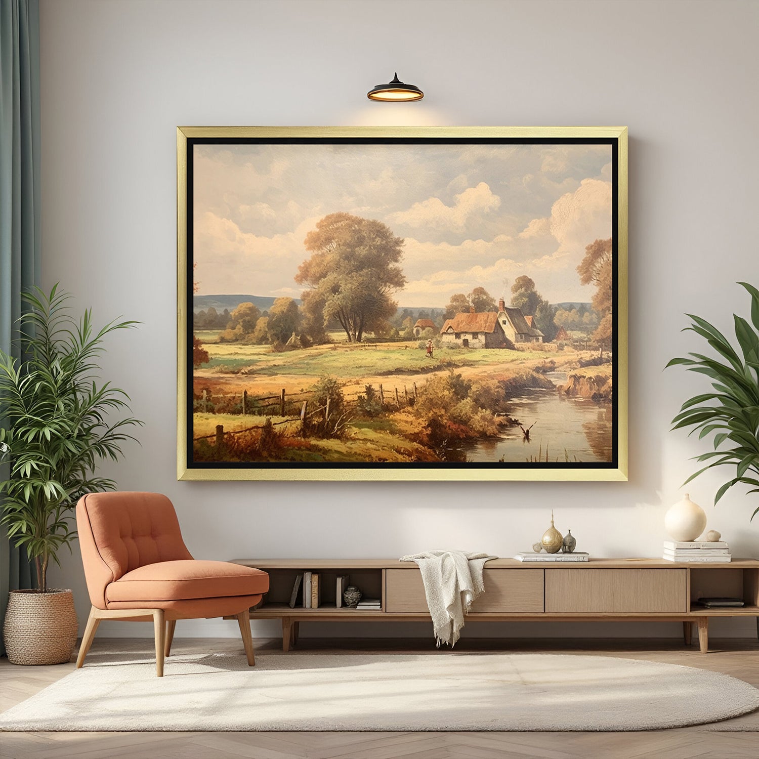 Golden-framed large canvas art of village view with wooden fence, river, and nature—antique style home decor