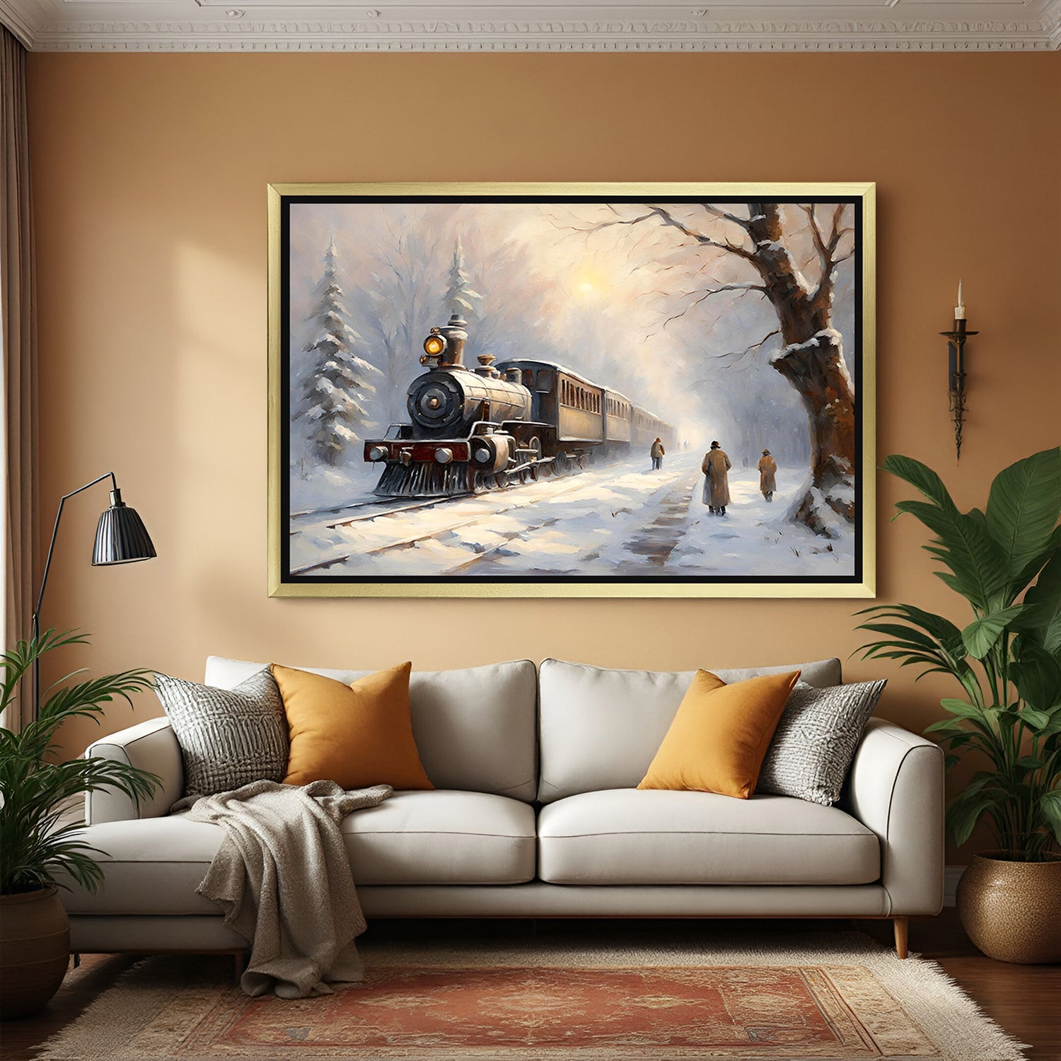 Golden-framed canvas printed wall art showing a vintage train in snow—ideal winter wall decor in ancient painting style
