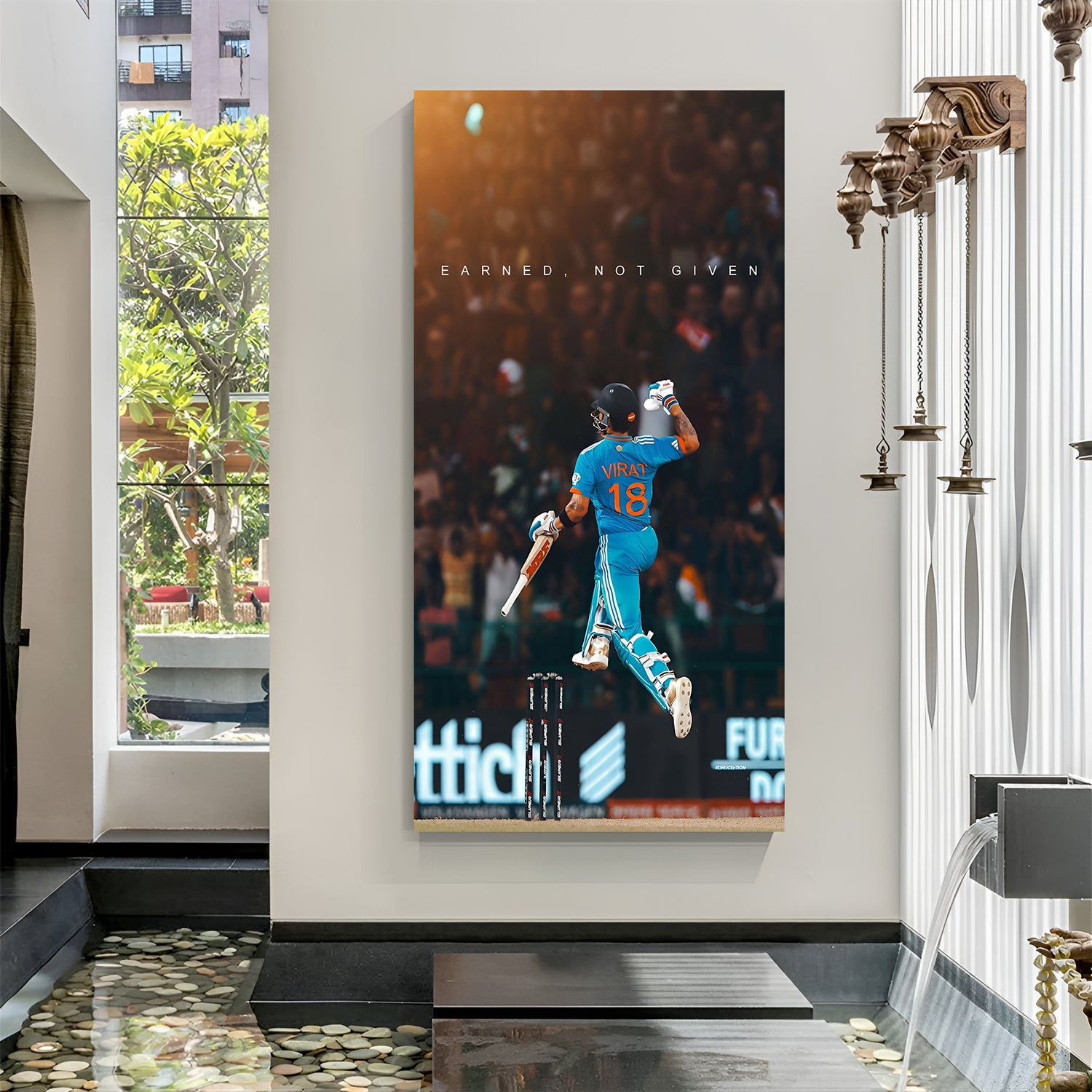 Virat Kohli canvas wall art without frame jumping inside skydome with Earned Not Given quote