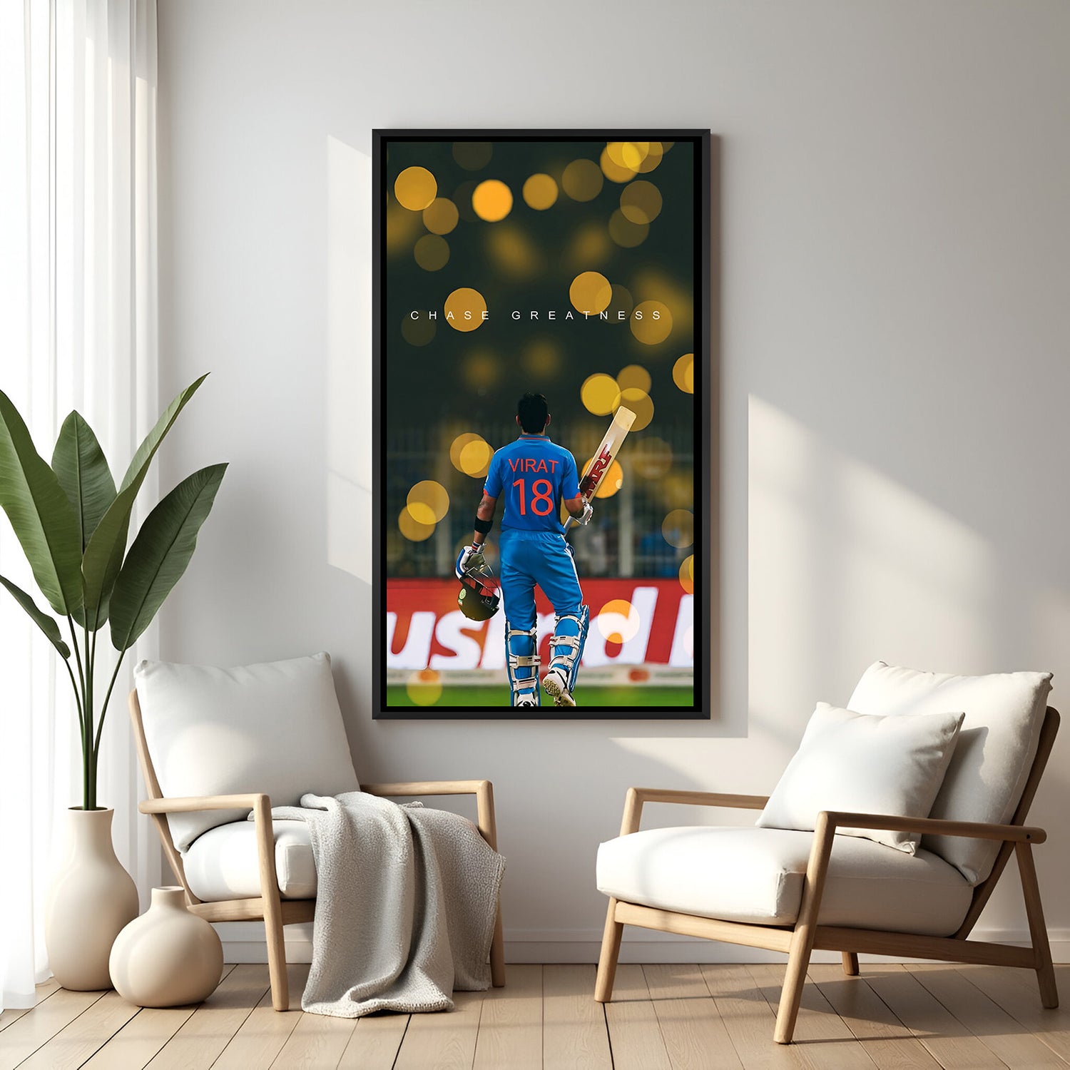 Virat Kohli wall art with black footer frame and Chase Greatness text for motivational home decor
